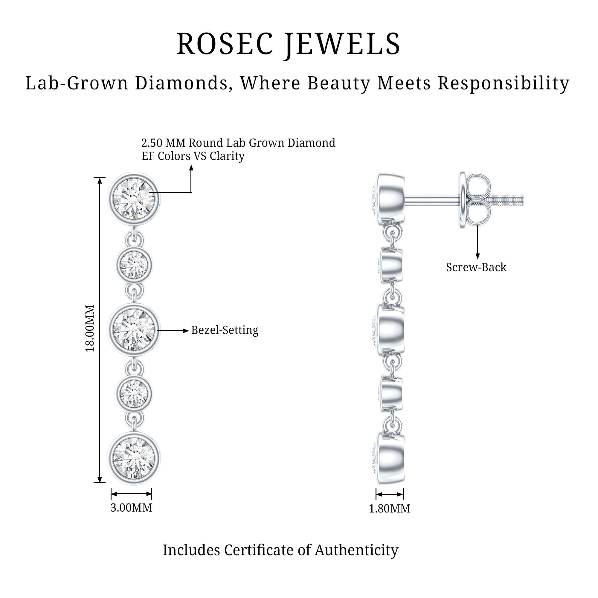 Round Cut Diamond Chain Dangle Earrings For Women Lab - ( EF-VS ) - Rosec Jewels