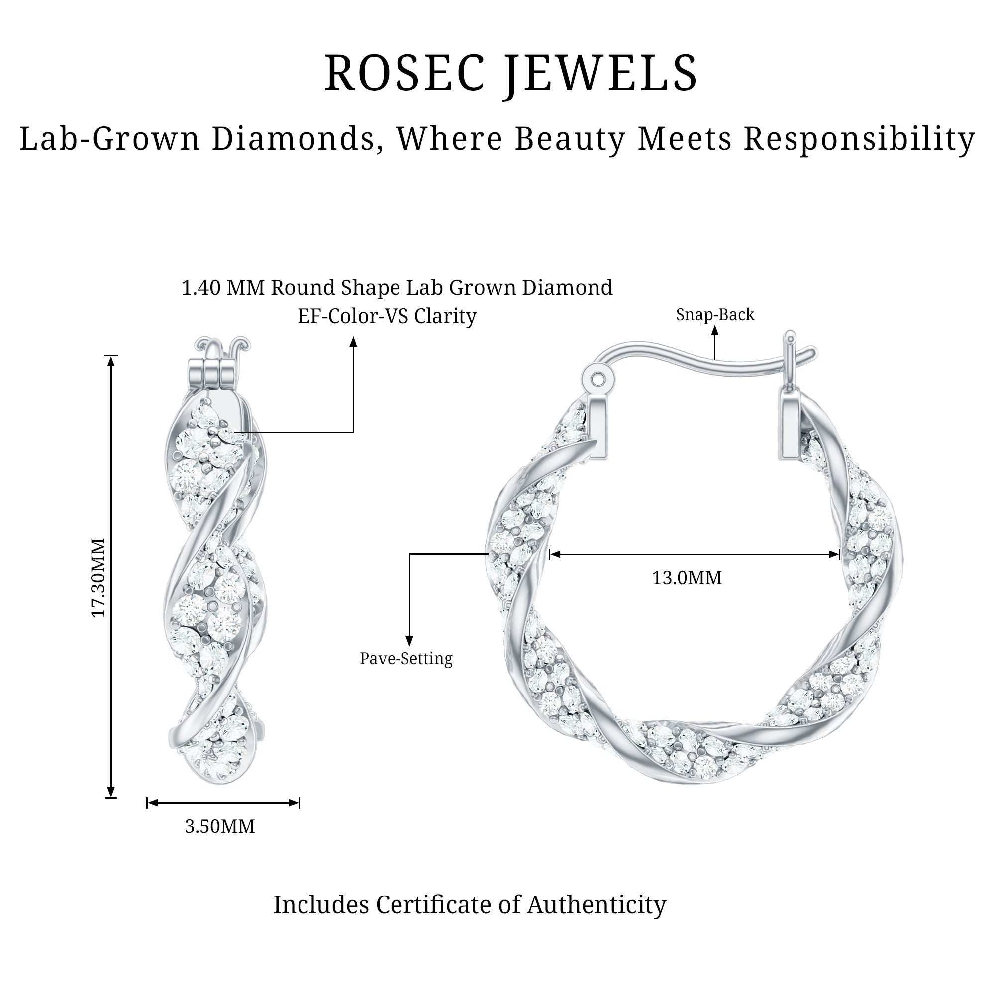 Certified Lab Grown Diamond Twisted Hoop Earrings for Women Lab - ( EF-VS ) - Rosec Jewels