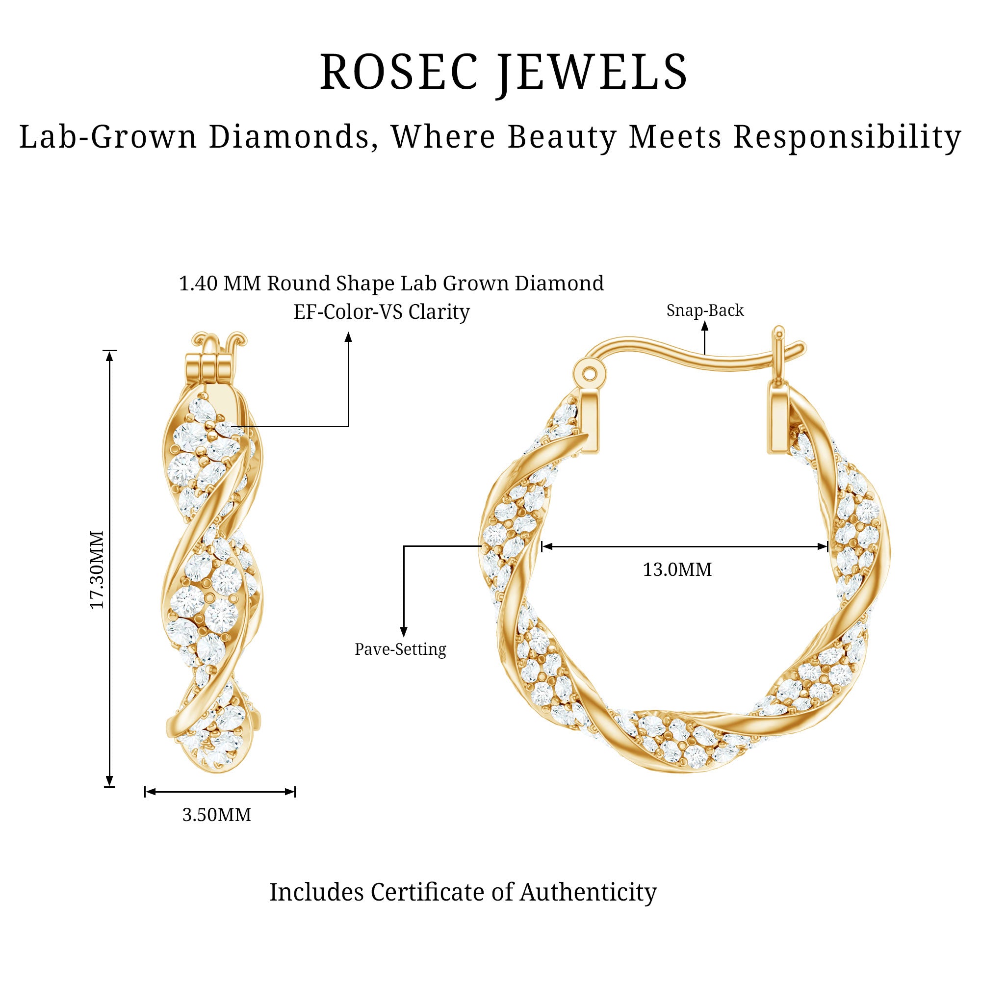 Certified Lab Grown Diamond Twisted Hoop Earrings for Women Lab - ( EF-VS ) - Rosec Jewels