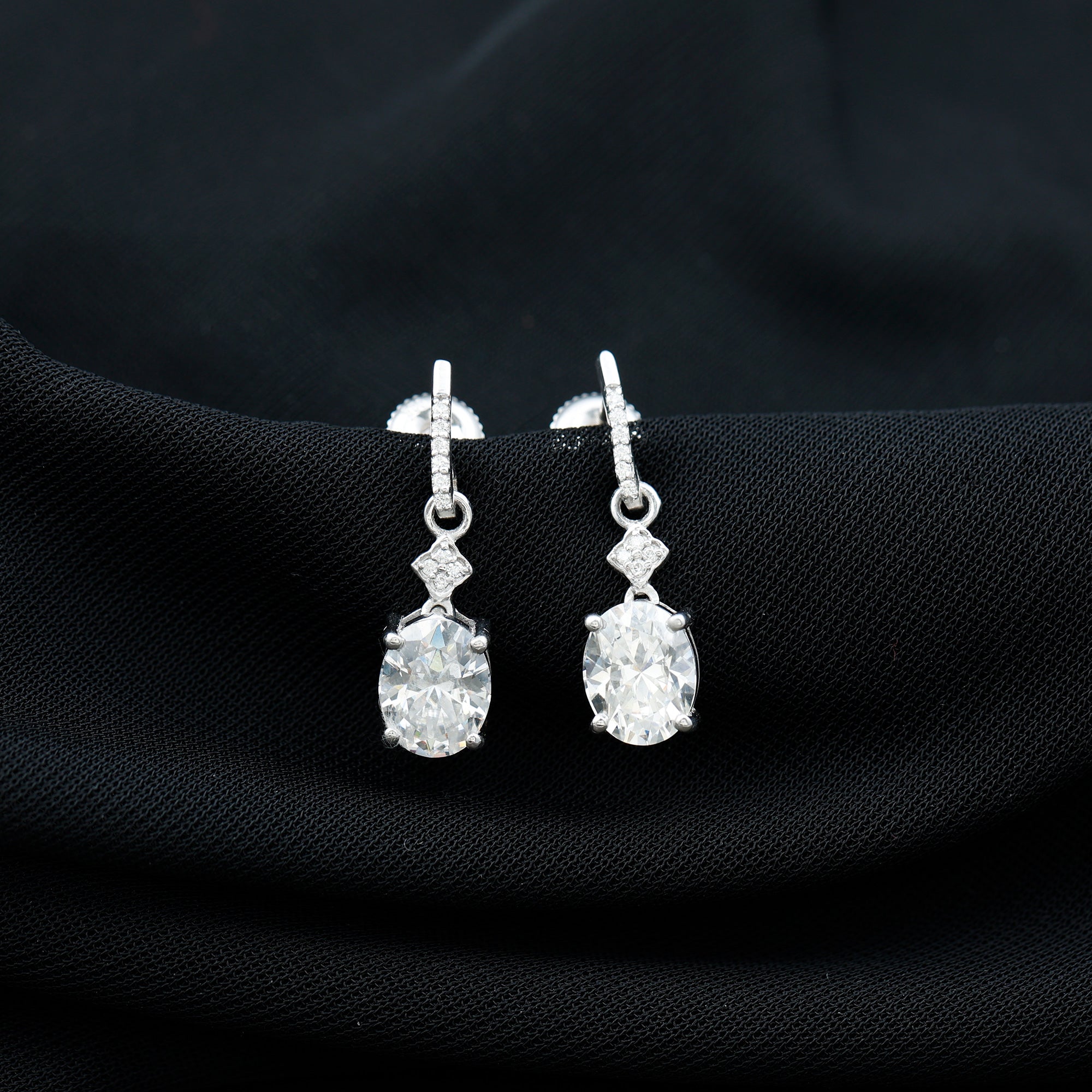 Oval Cut Lab Grown Diamond Dangling Earrings For Bride Lab - ( EF-VS ) - Rosec Jewels