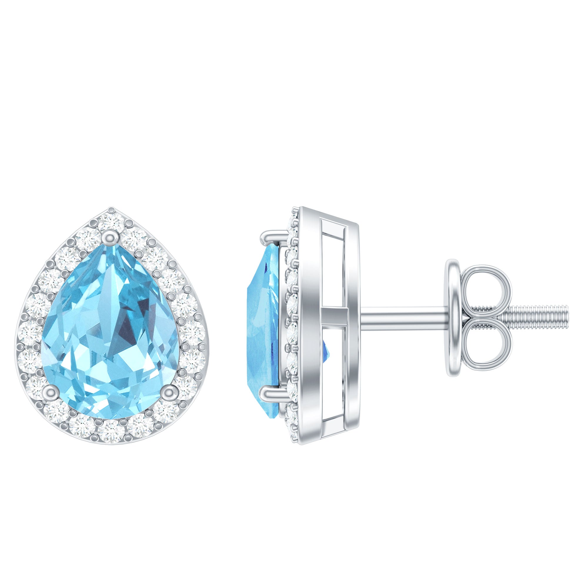 Rosec Jewels-Real Aquamarine and Diamond Stud Earrings in Silver