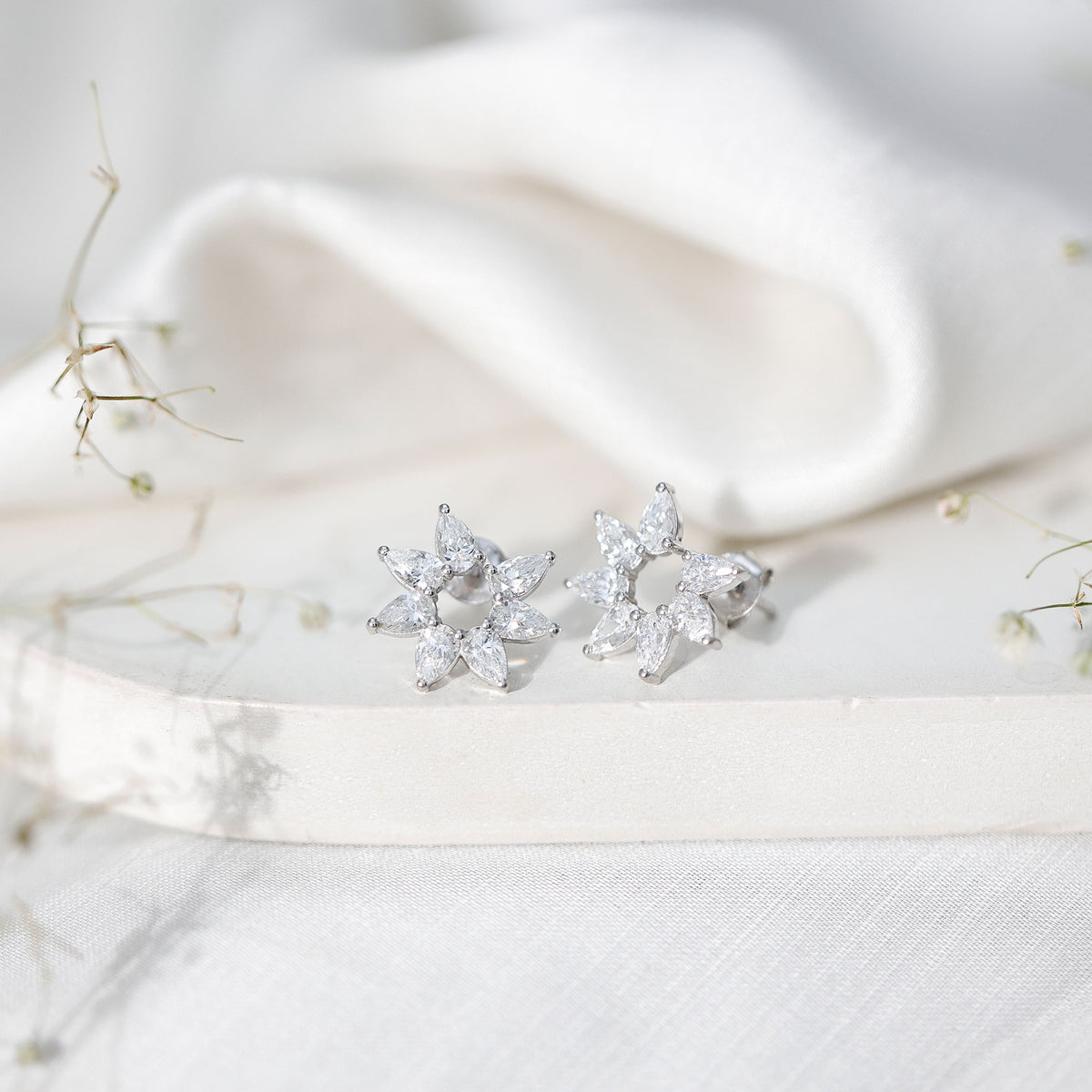 Pear Cut Lab Grown Diamond Flower Stud Earrings with Screw Back Lab - ( EF-VS ) - Rosec Jewels