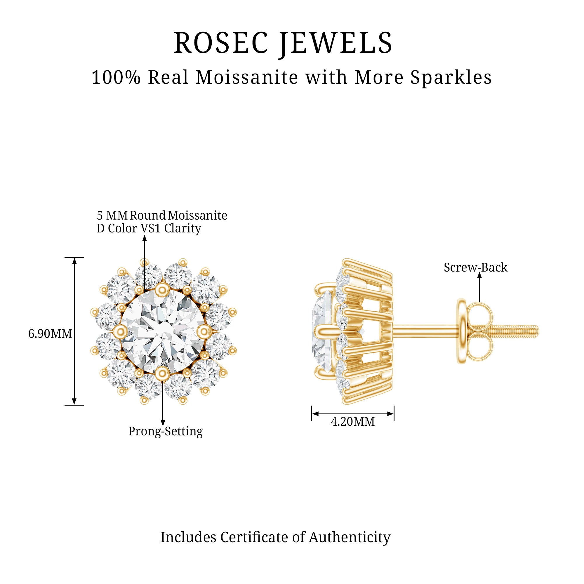Round 1 Carat Moissanite Halo Stud Earrings for Women D-VS1 - Rosec Jewels