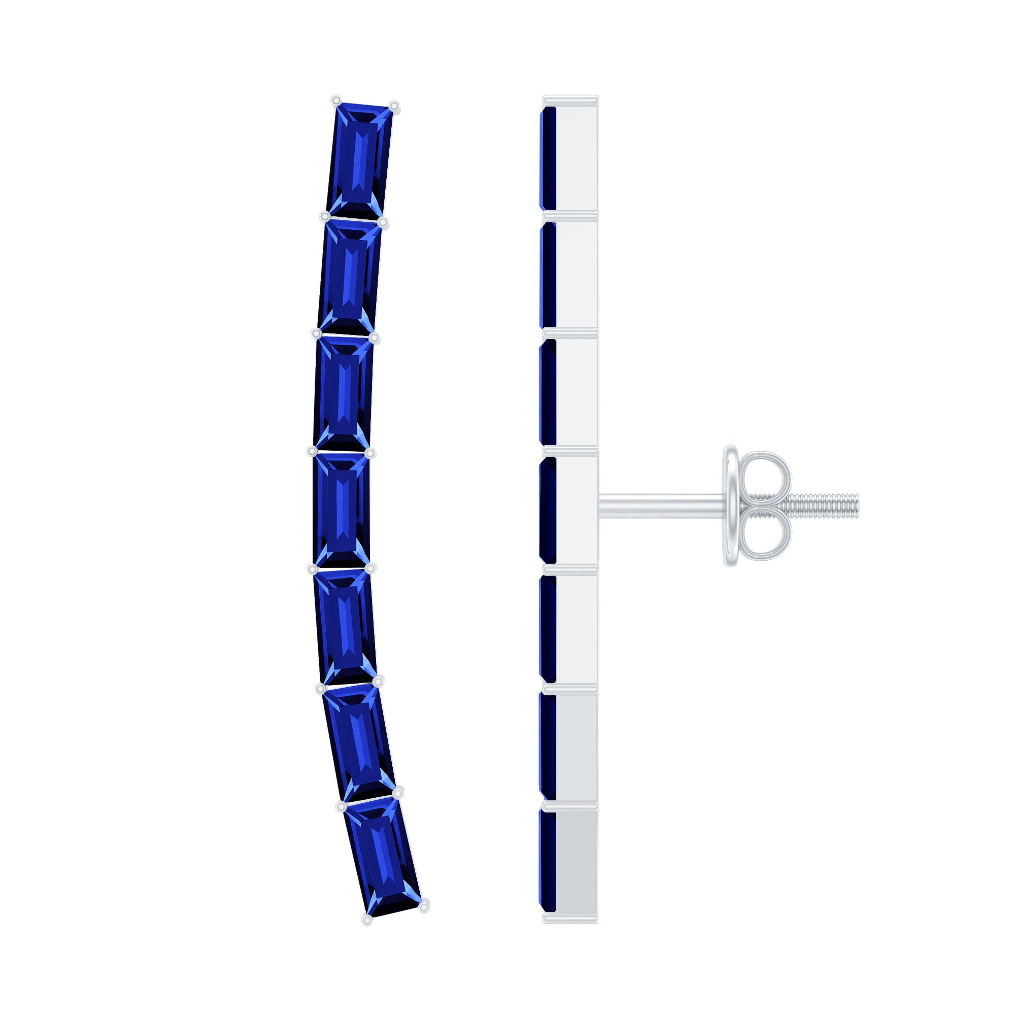 Baguette Cut Lab Grown Blue Sapphire Climber Earrings AAAA - Rosec Jewels