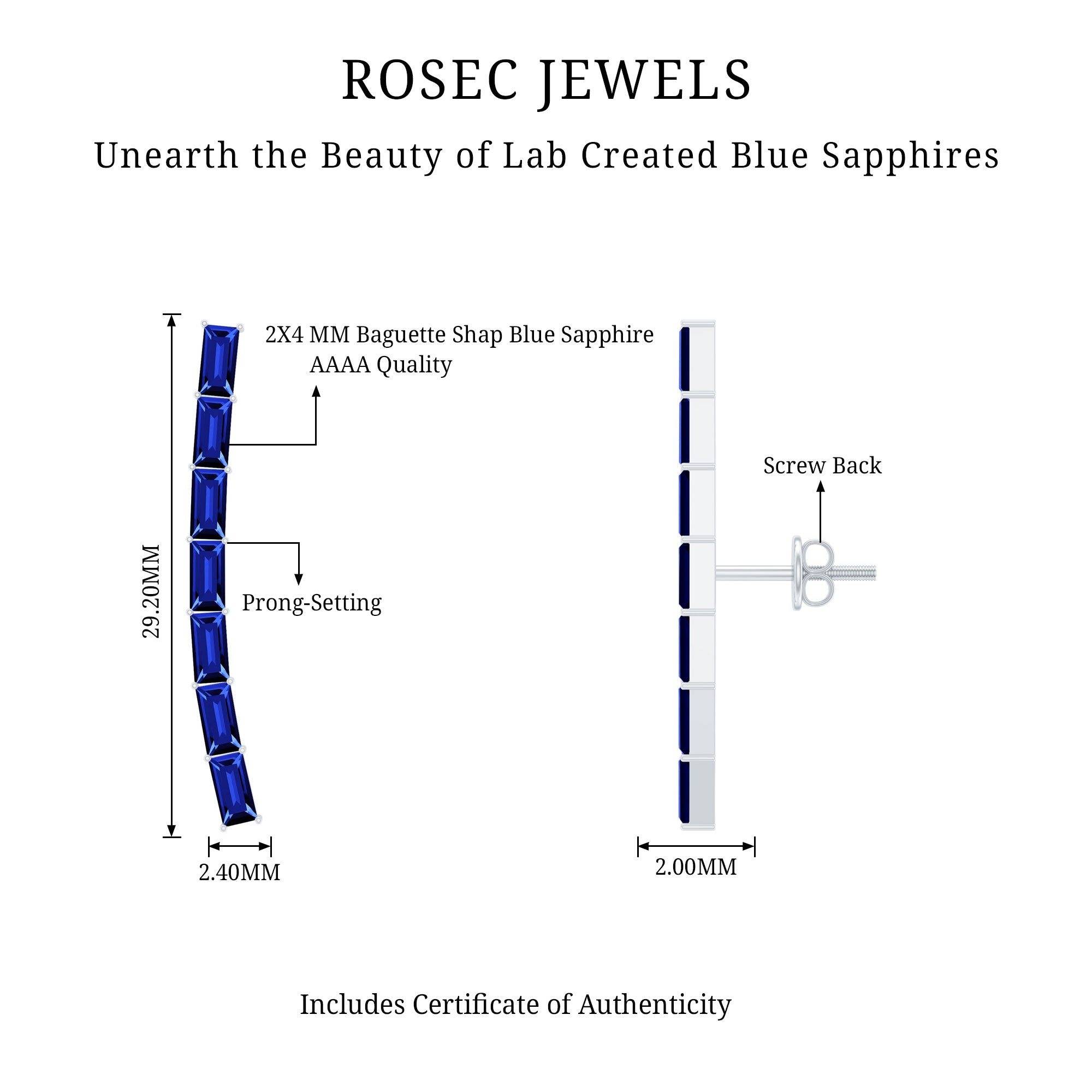 Baguette Cut Lab Grown Blue Sapphire Climber Earrings AAAA - Rosec Jewels