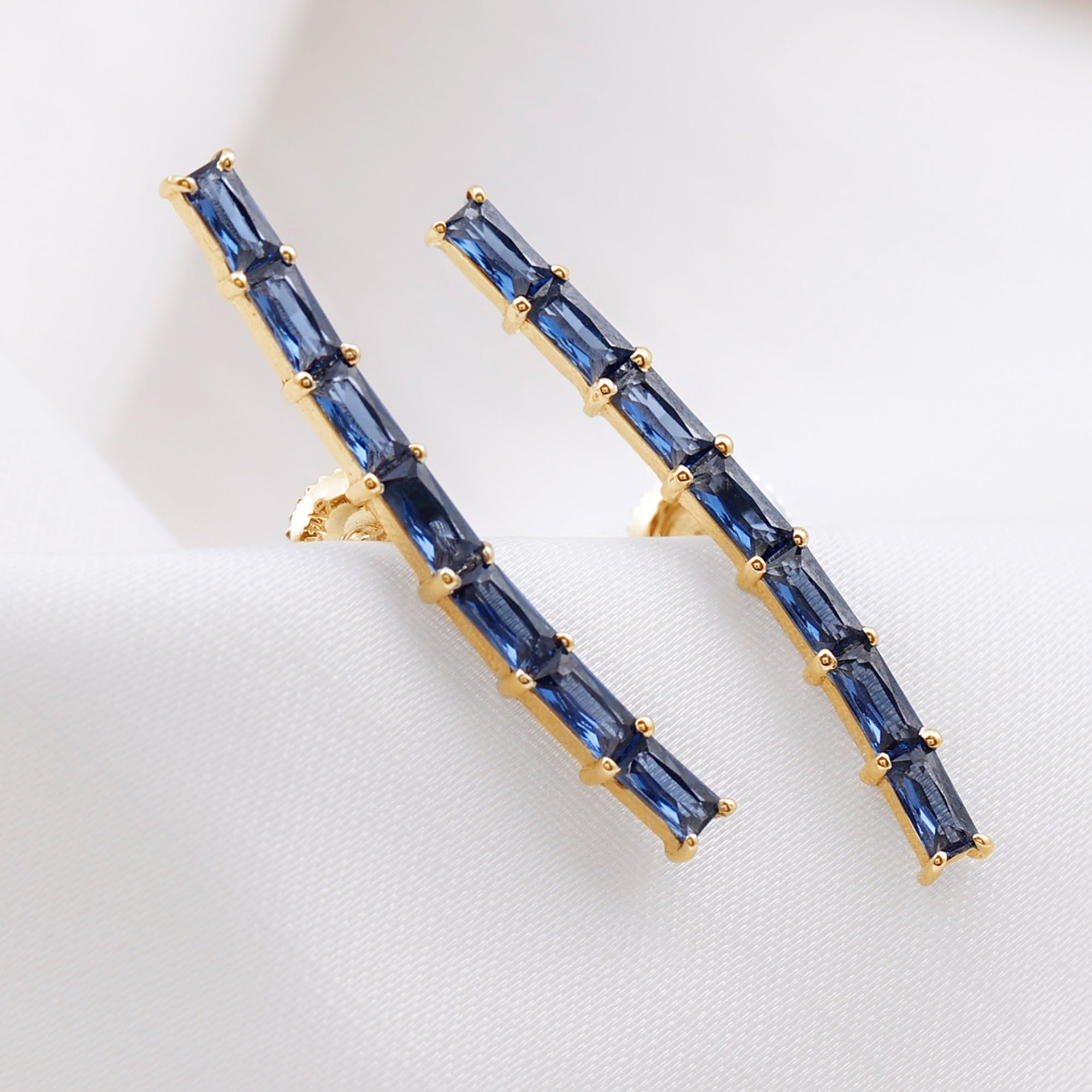 Baguette Cut Lab Grown Blue Sapphire Climber Earrings AAAA - Rosec Jewels