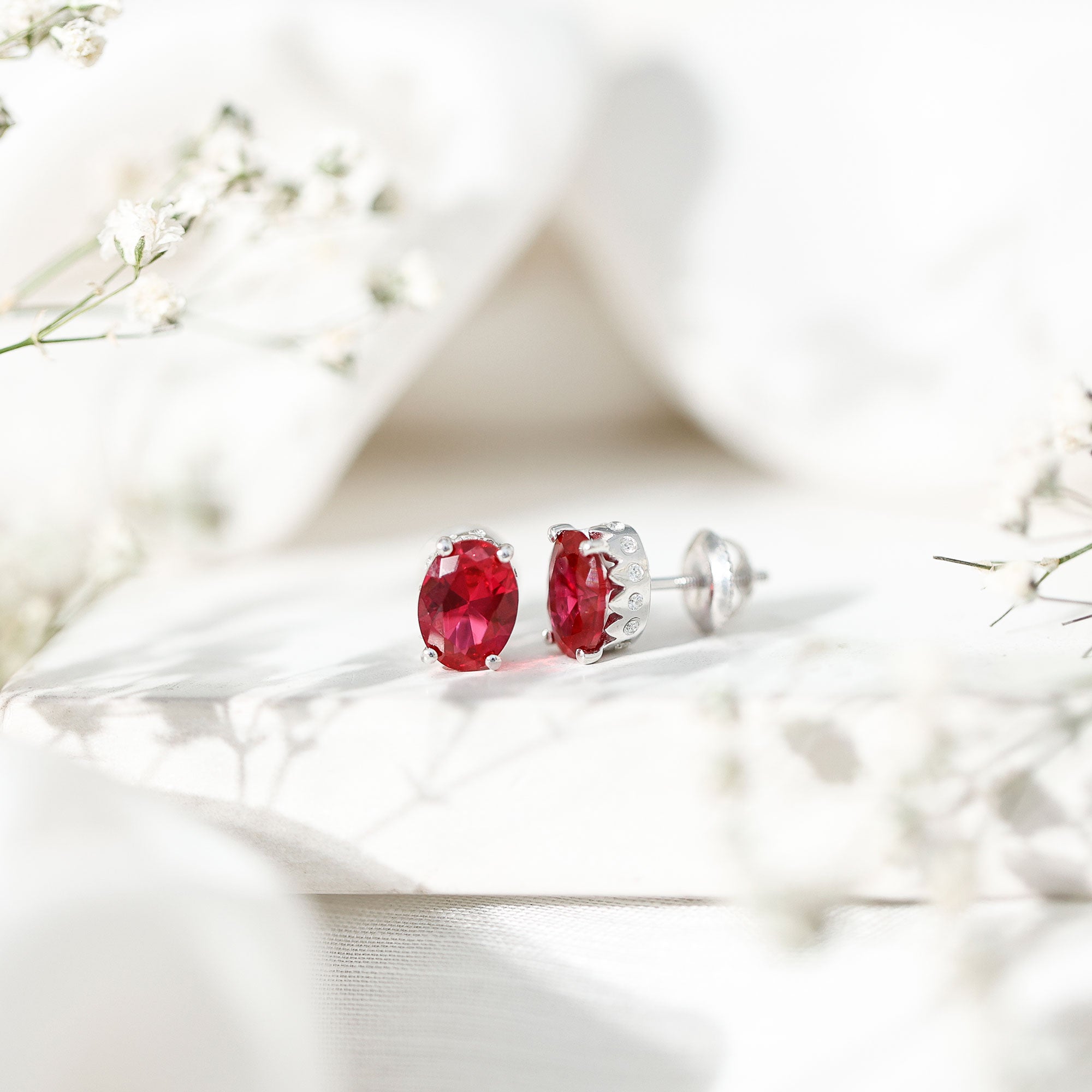 3 CT Oval Lab-Created Ruby Bridal Stud Earrings with Diamond AAAA - Rosec Jewels