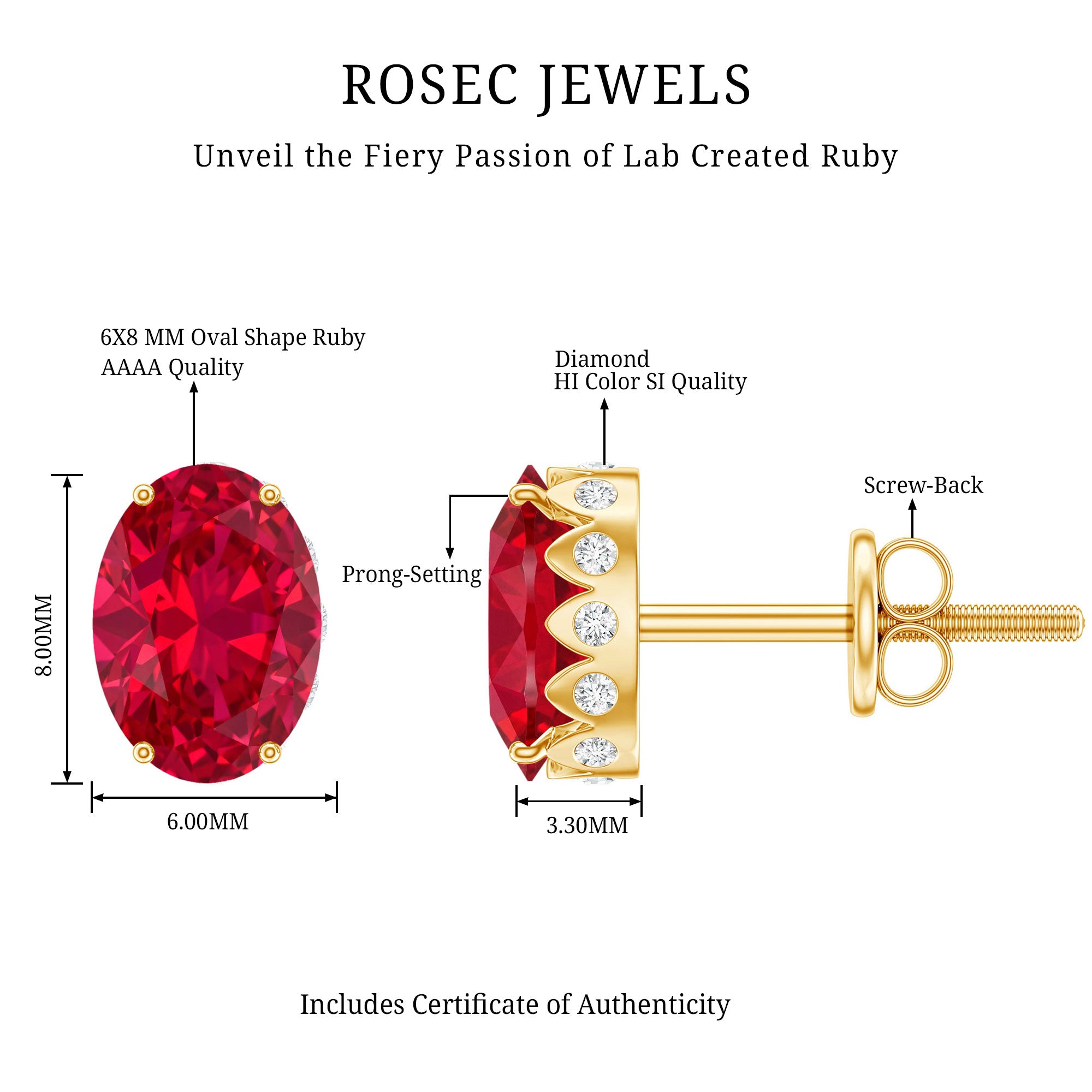 3 CT Oval Lab-Created Ruby Bridal Stud Earrings with Diamond AAAA - Rosec Jewels