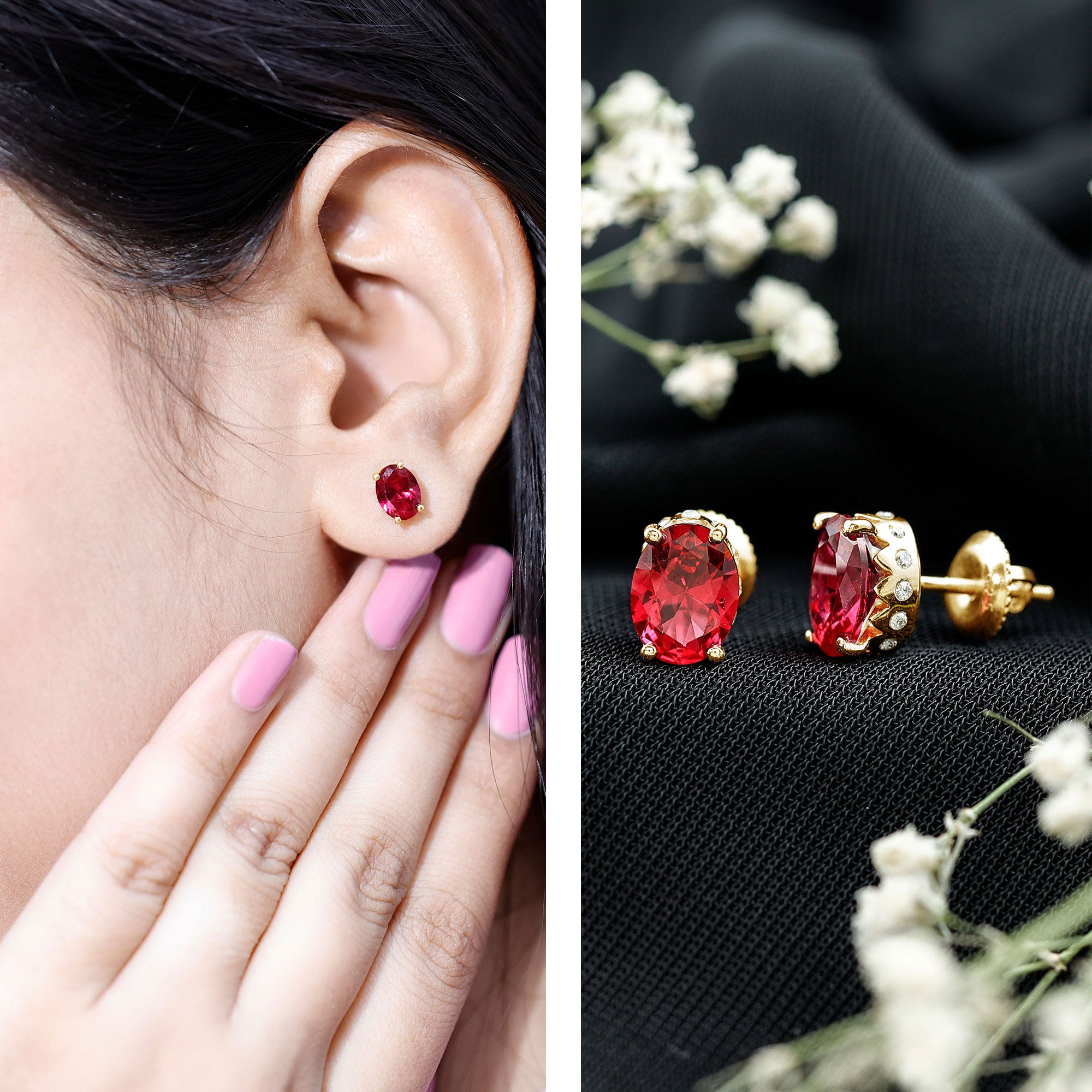 3 CT Oval Lab-Created Ruby Bridal Stud Earrings with Diamond AAAA - Rosec Jewels