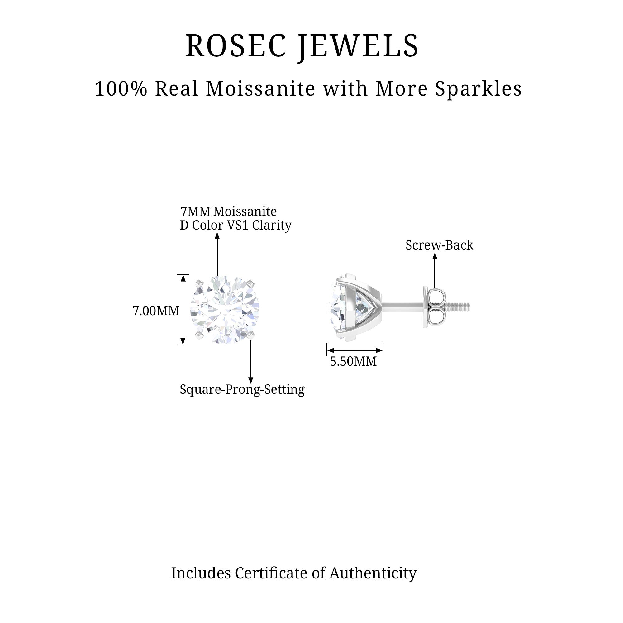 7MM Moissanite Solitaire Stud Earrings for Women D-VS1 - Rosec Jewels