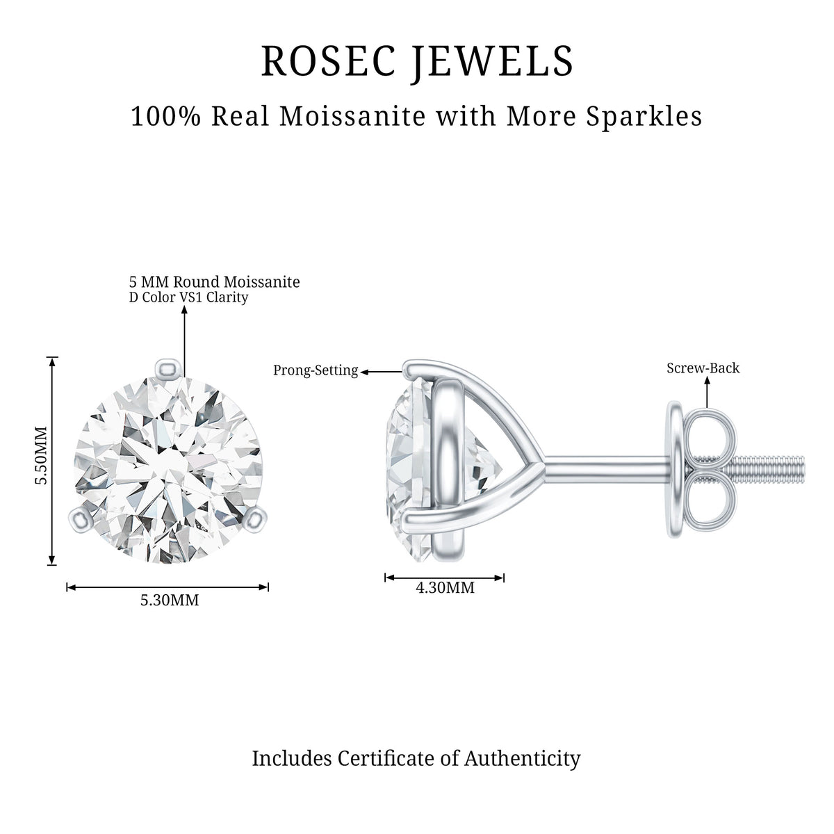 1 Carat Certified Moissanite Martini Stud Earrings D-VS1 - Rosec Jewels