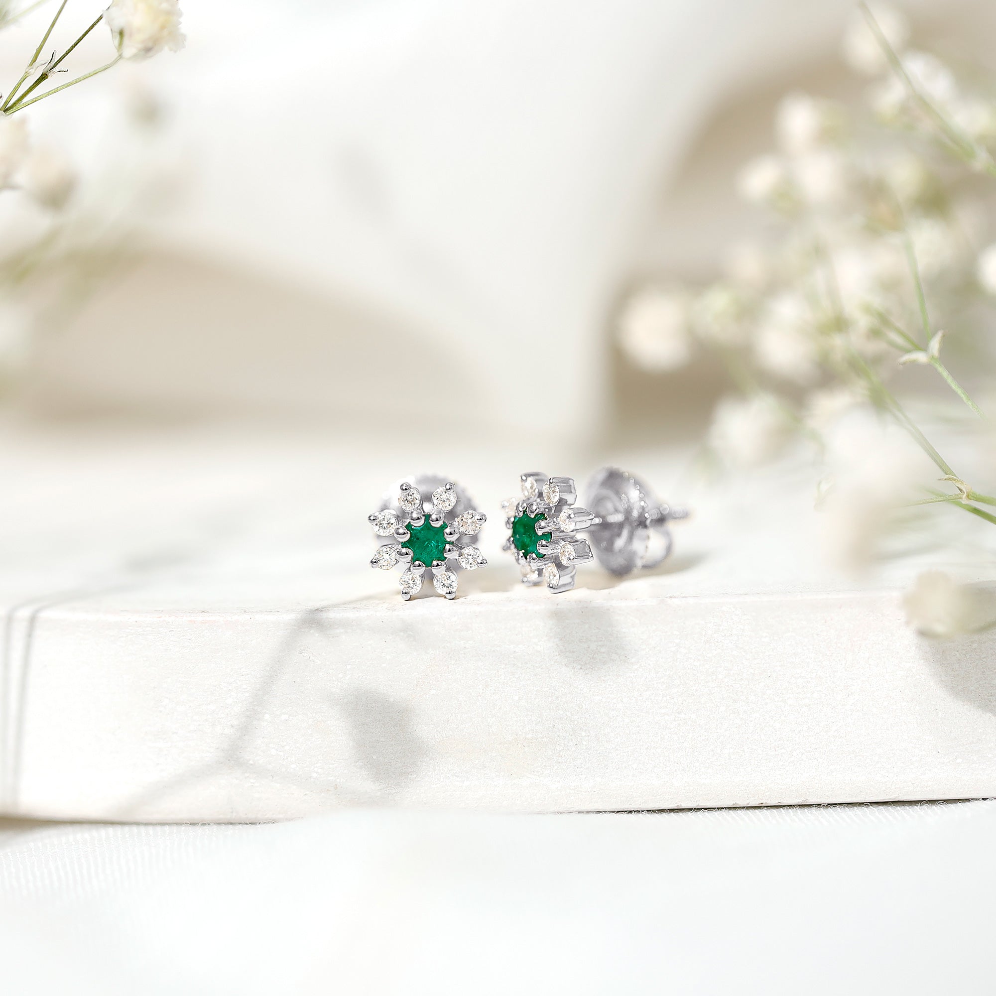 Natural Emerald and Diamond Floral Stud Earrings AAA - Rosec Jewels