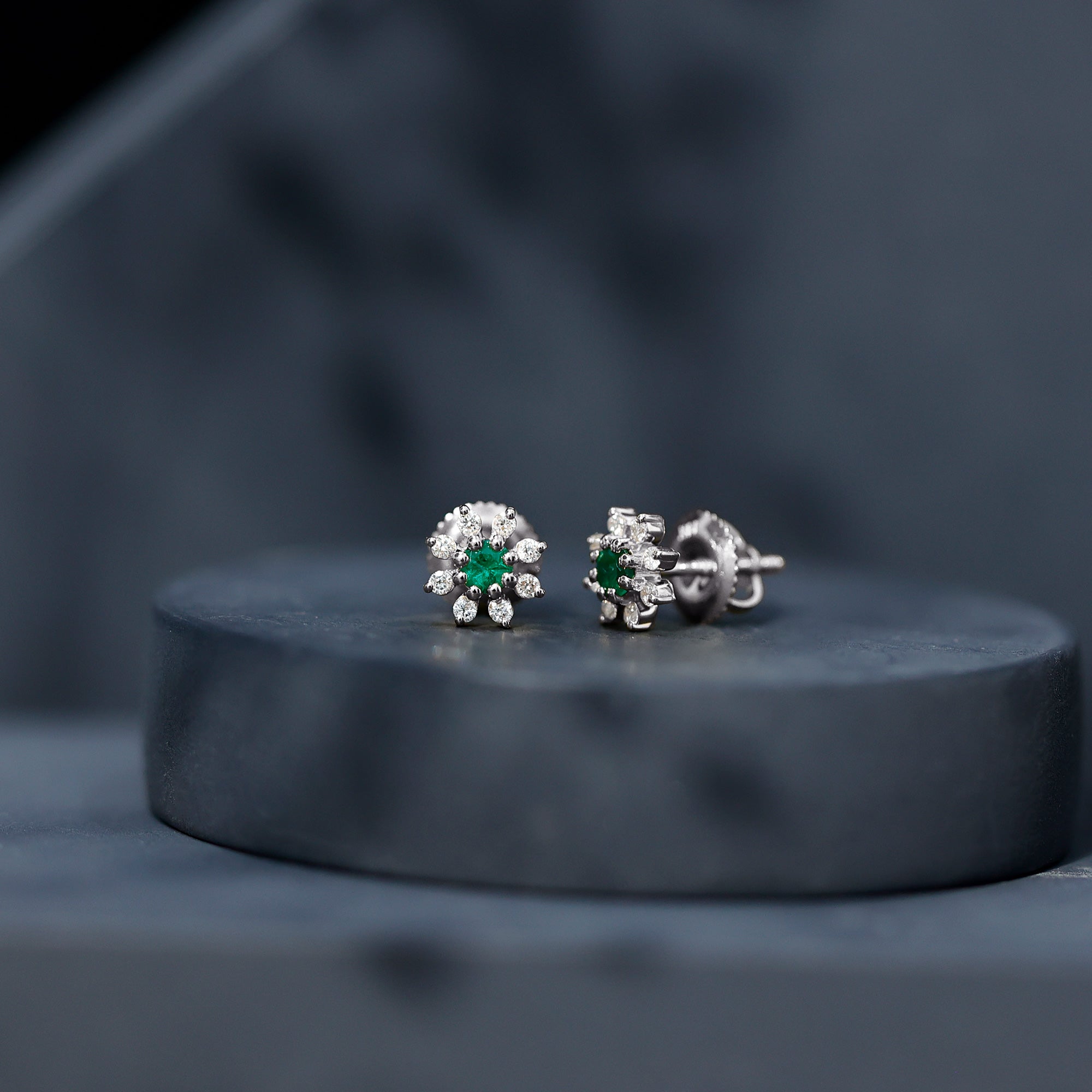 Natural Emerald and Diamond Floral Stud Earrings AAA - Rosec Jewels