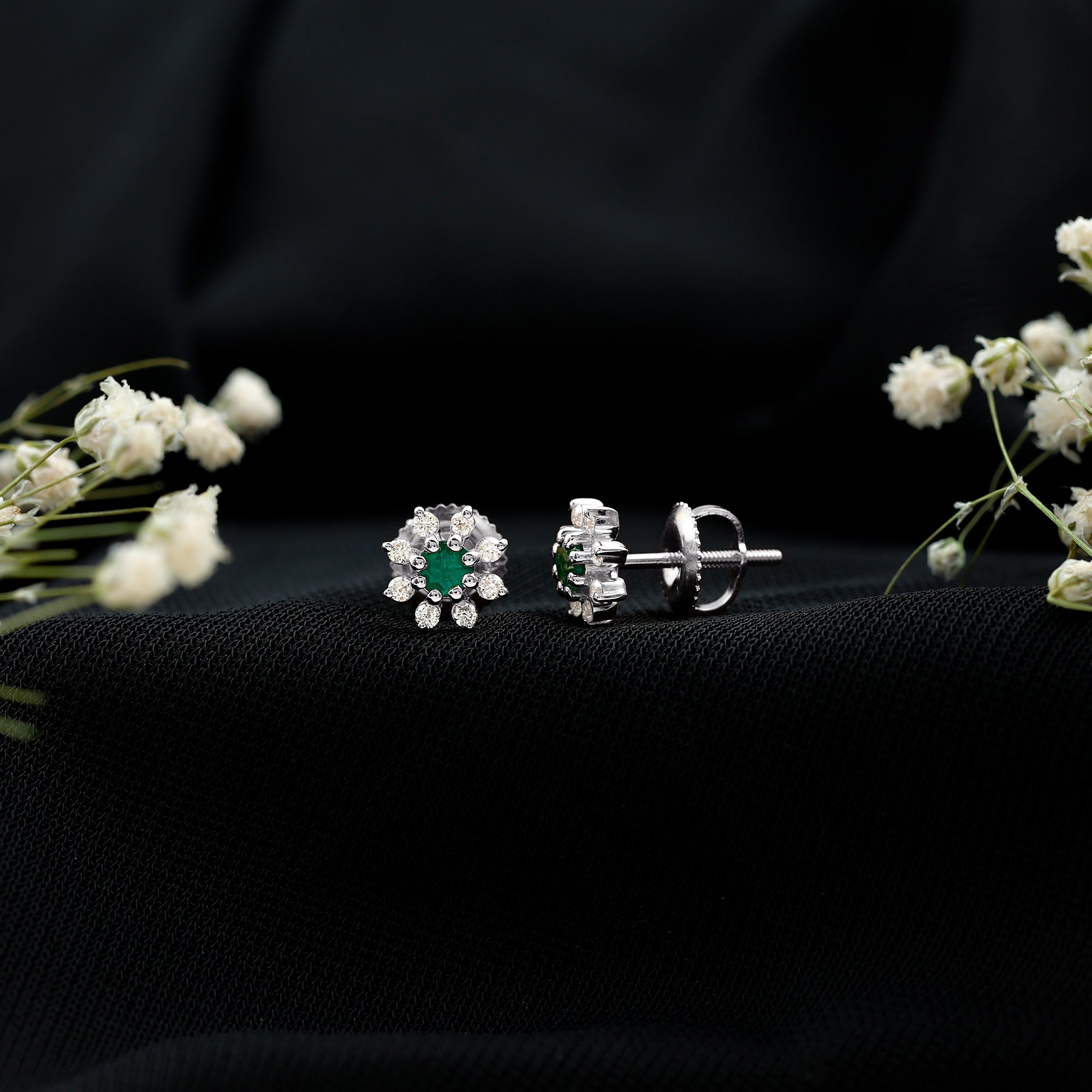 Natural Emerald and Diamond Floral Stud Earrings AAA - Rosec Jewels