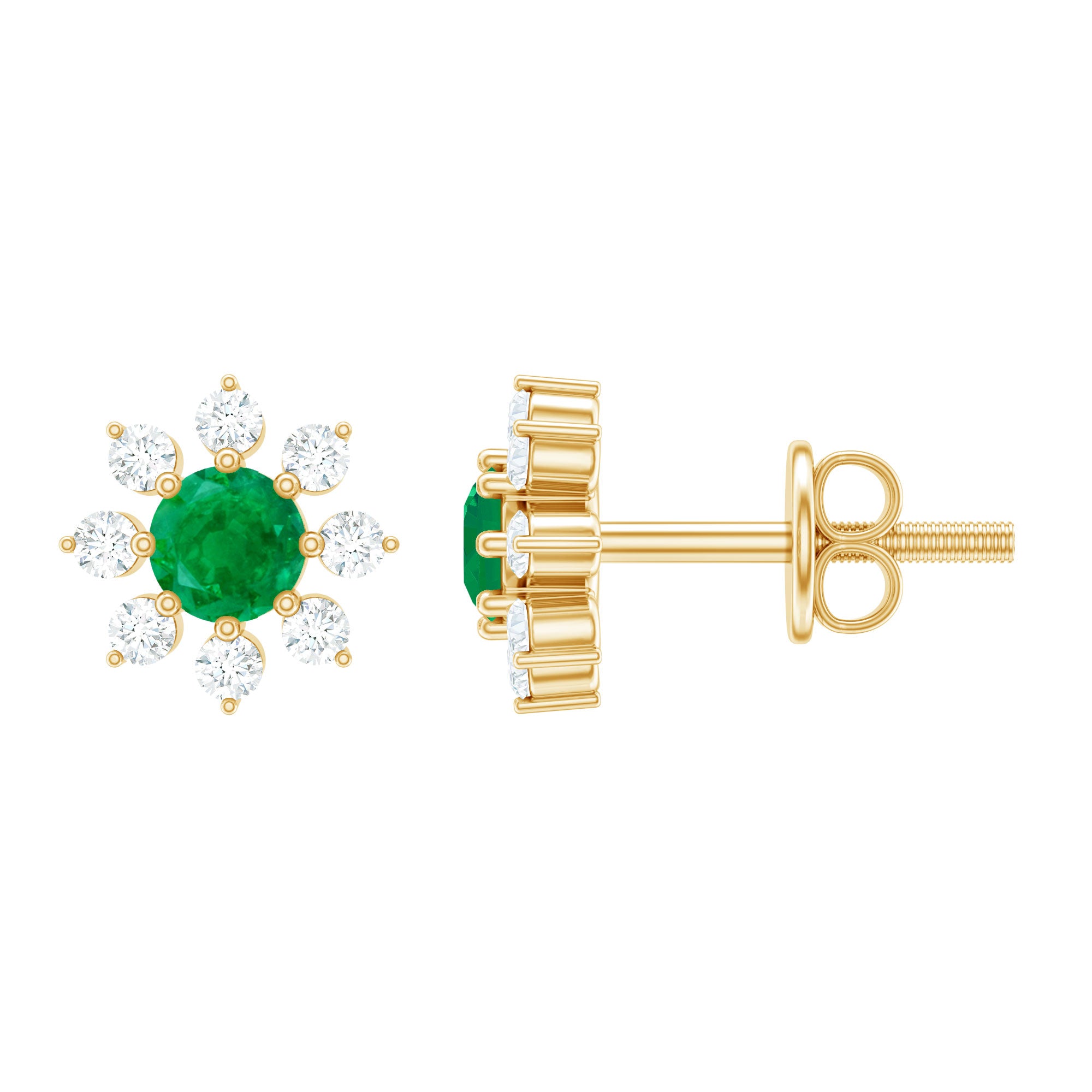 Natural Emerald and Diamond Floral Stud Earrings AAA - Rosec Jewels