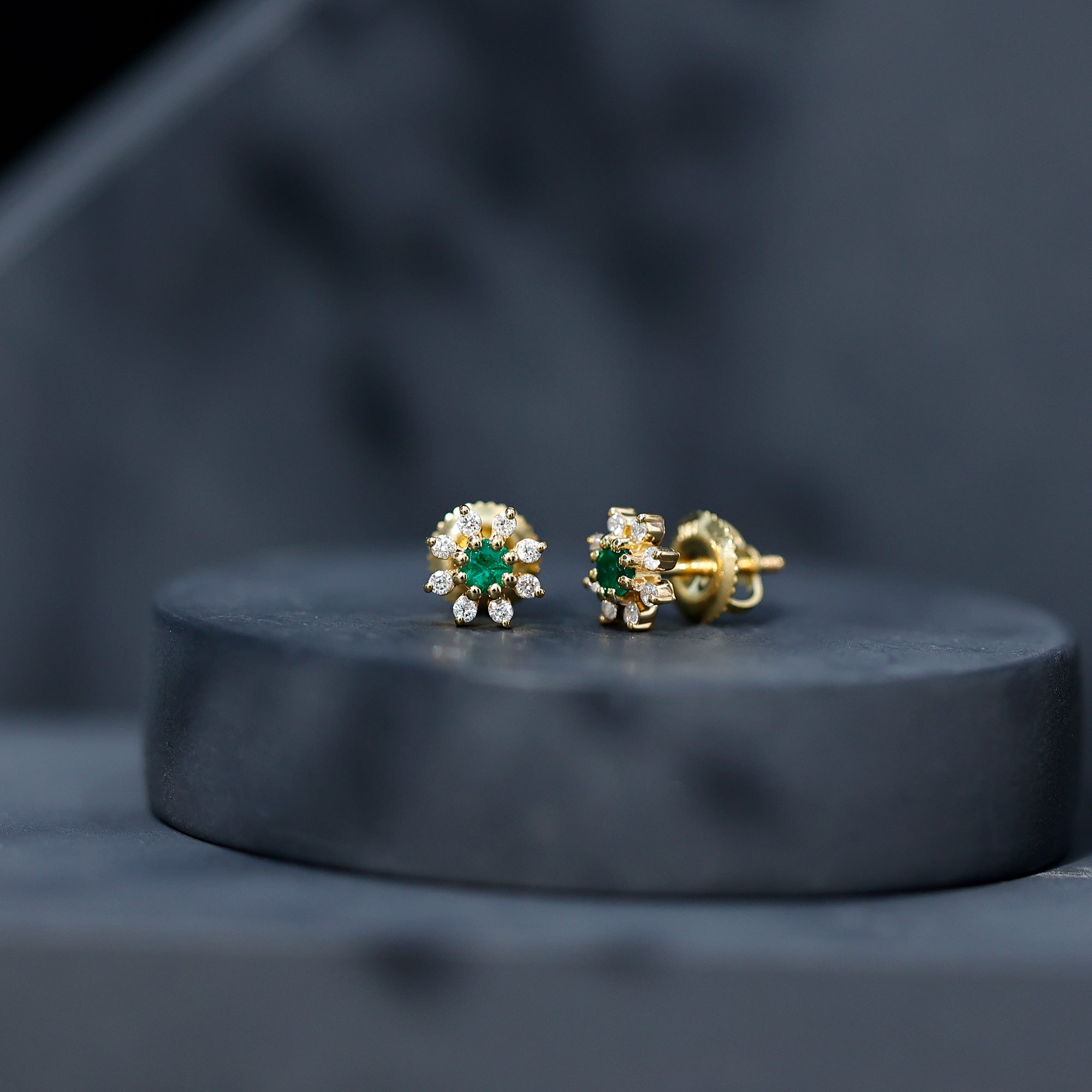 Natural Emerald and Diamond Floral Stud Earrings AAA - Rosec Jewels