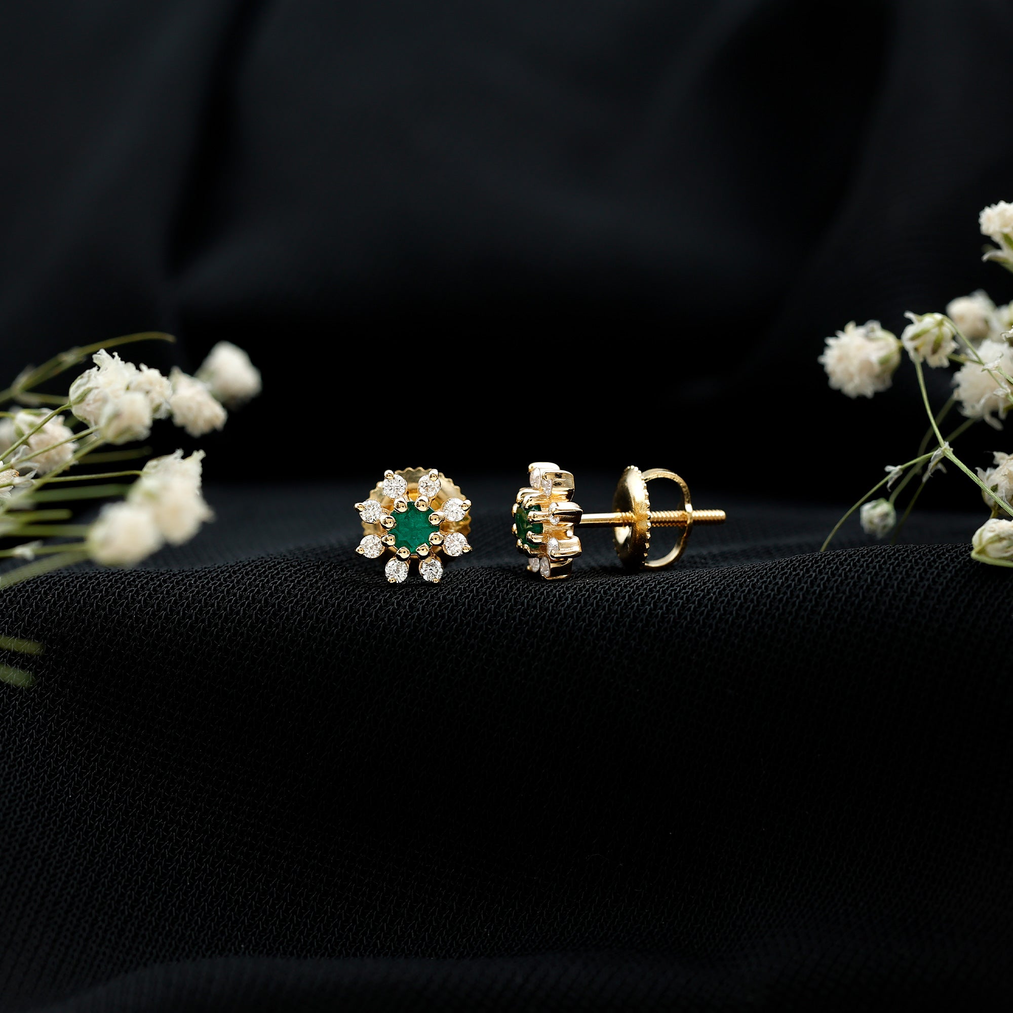Natural Emerald and Diamond Floral Stud Earrings AAA - Rosec Jewels