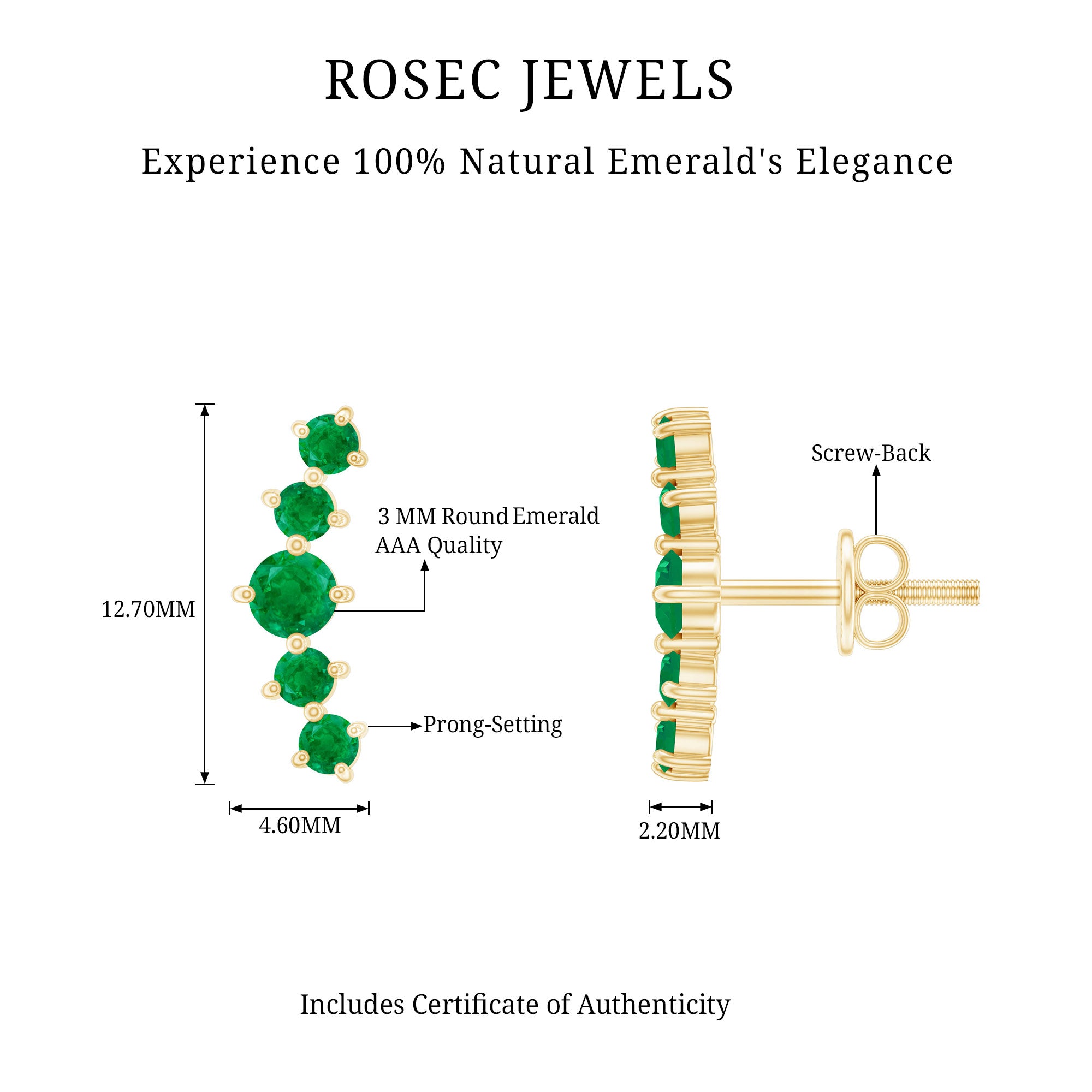 Graduated Natural Emerald Ear Climber Earrings for Women AAA - Rosec Jewels