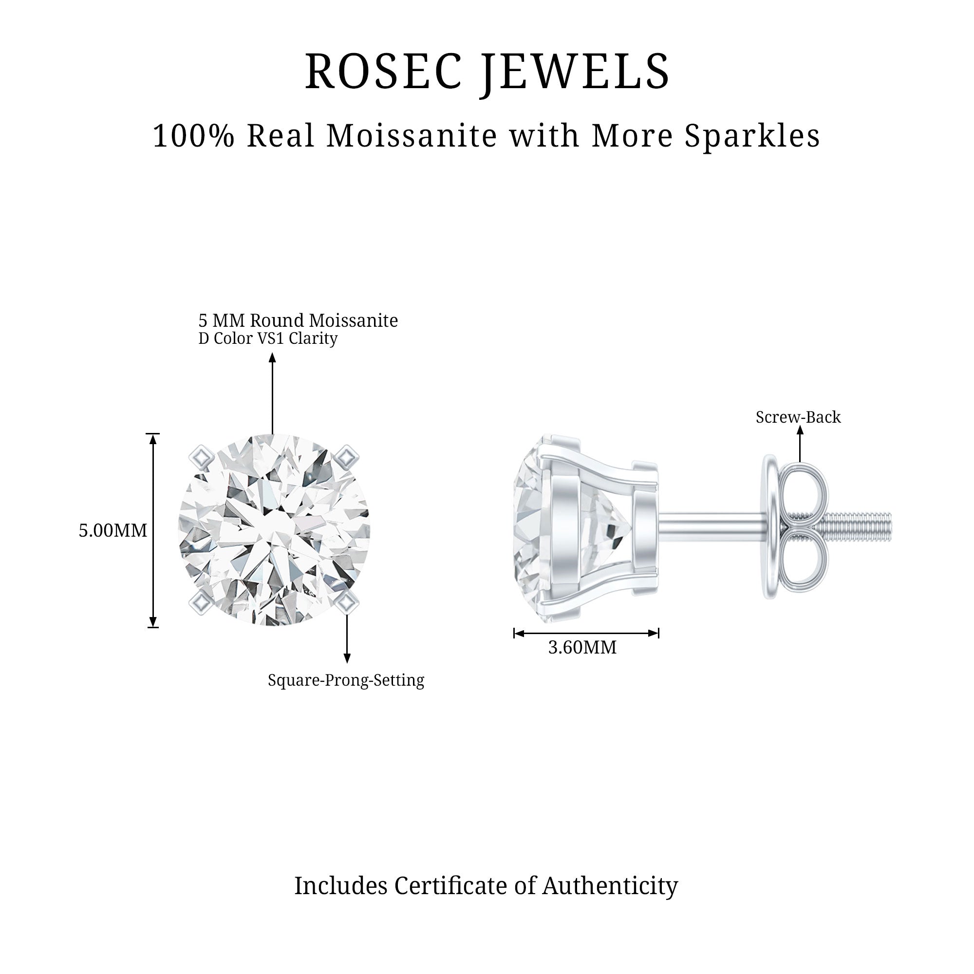 5 MM Round Shape Solitaire Moissanite Stud Earrings D-VS1 - Rosec Jewels