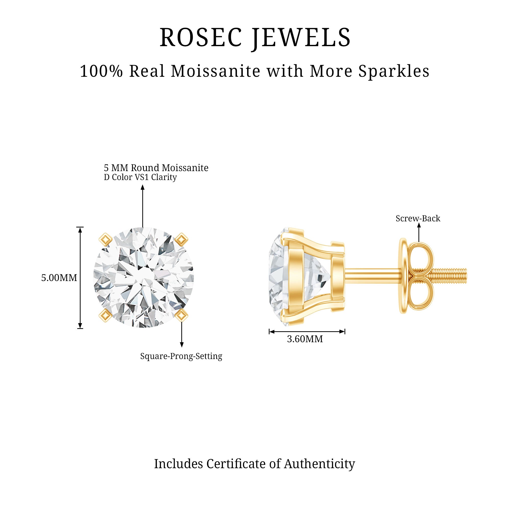 5 MM Round Shape Solitaire Moissanite Stud Earrings D-VS1 - Rosec Jewels