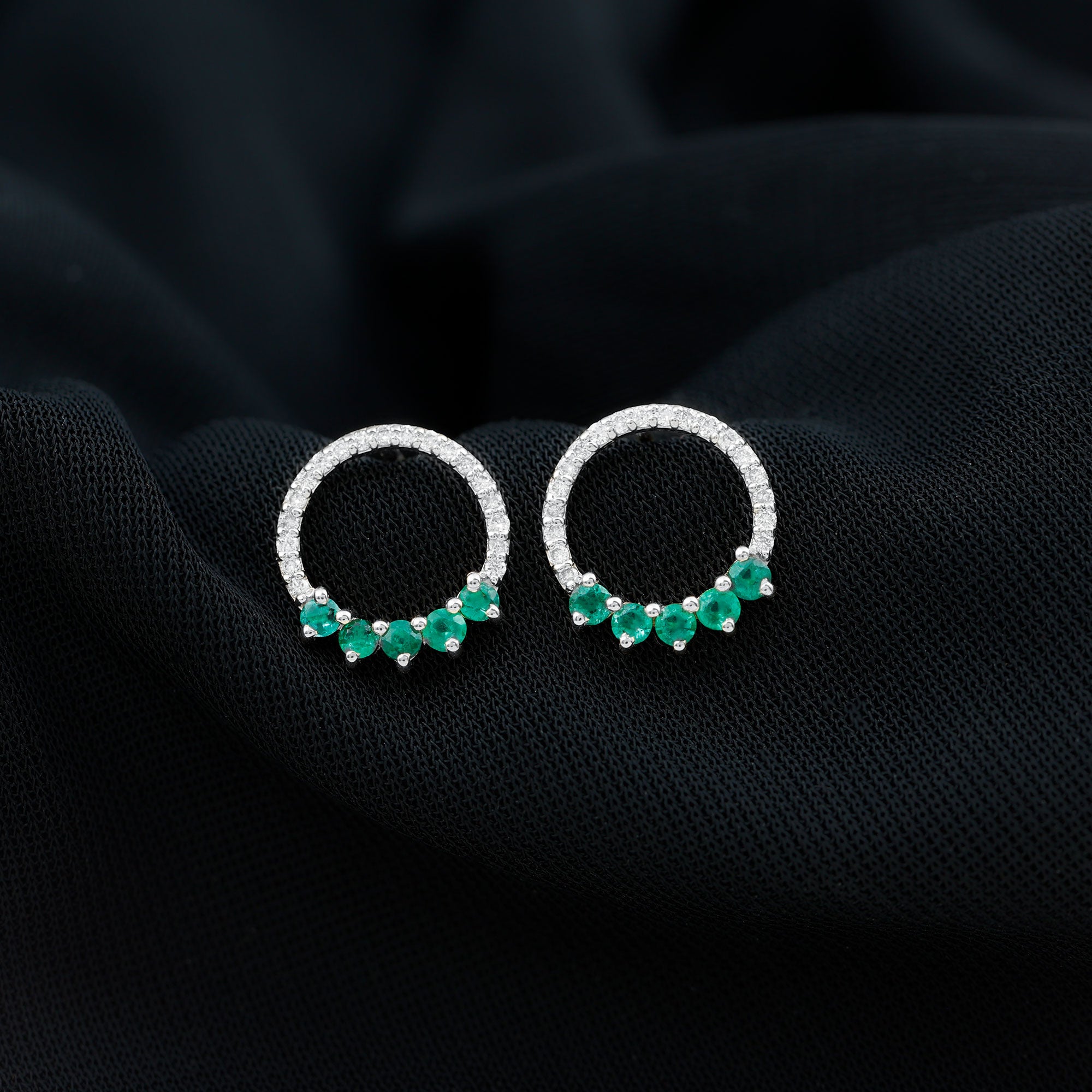 Open Circle Stud Earrings with Emerald and Diamond AAA - Rosec Jewels