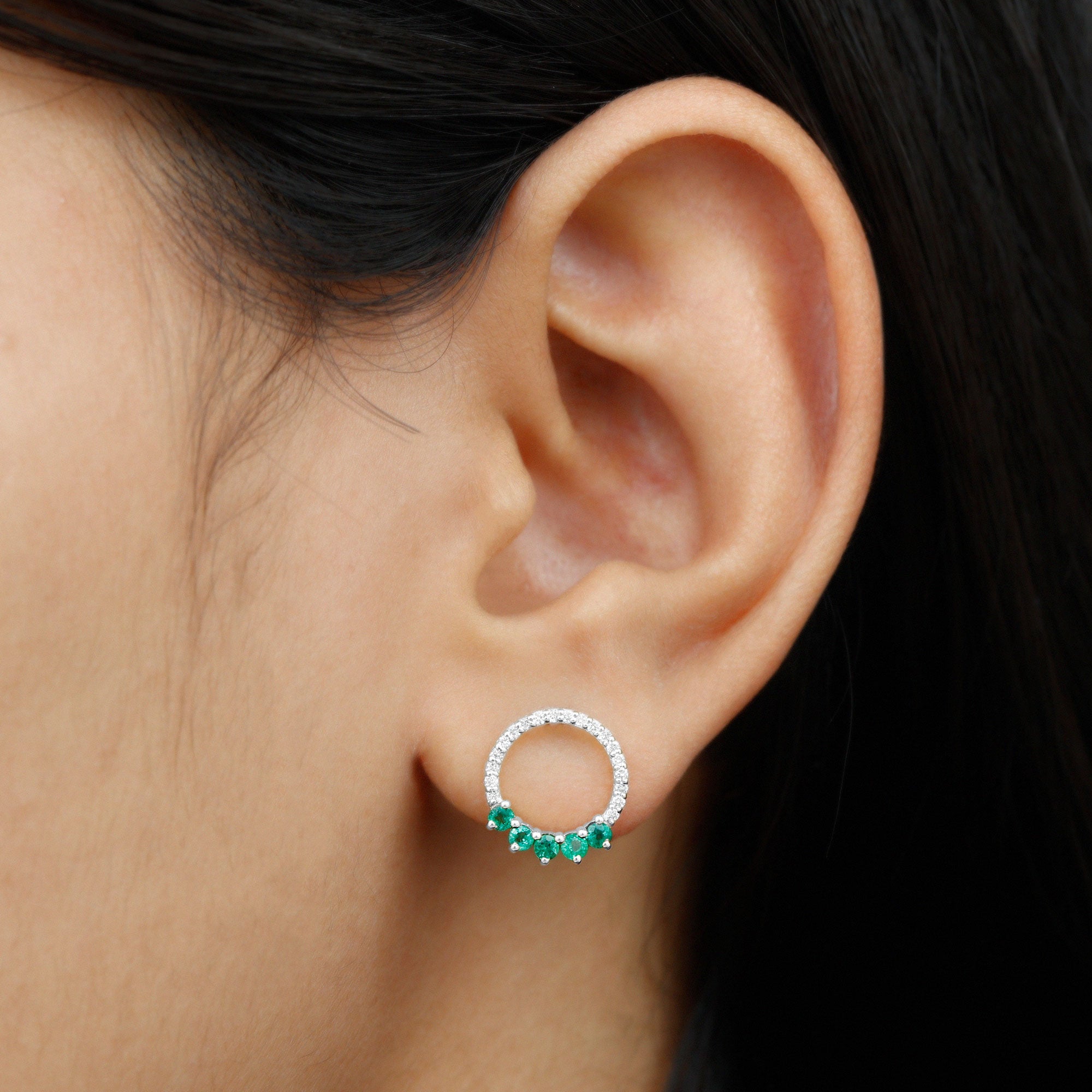 Open Circle Stud Earrings with Emerald and Diamond AAA - Rosec Jewels