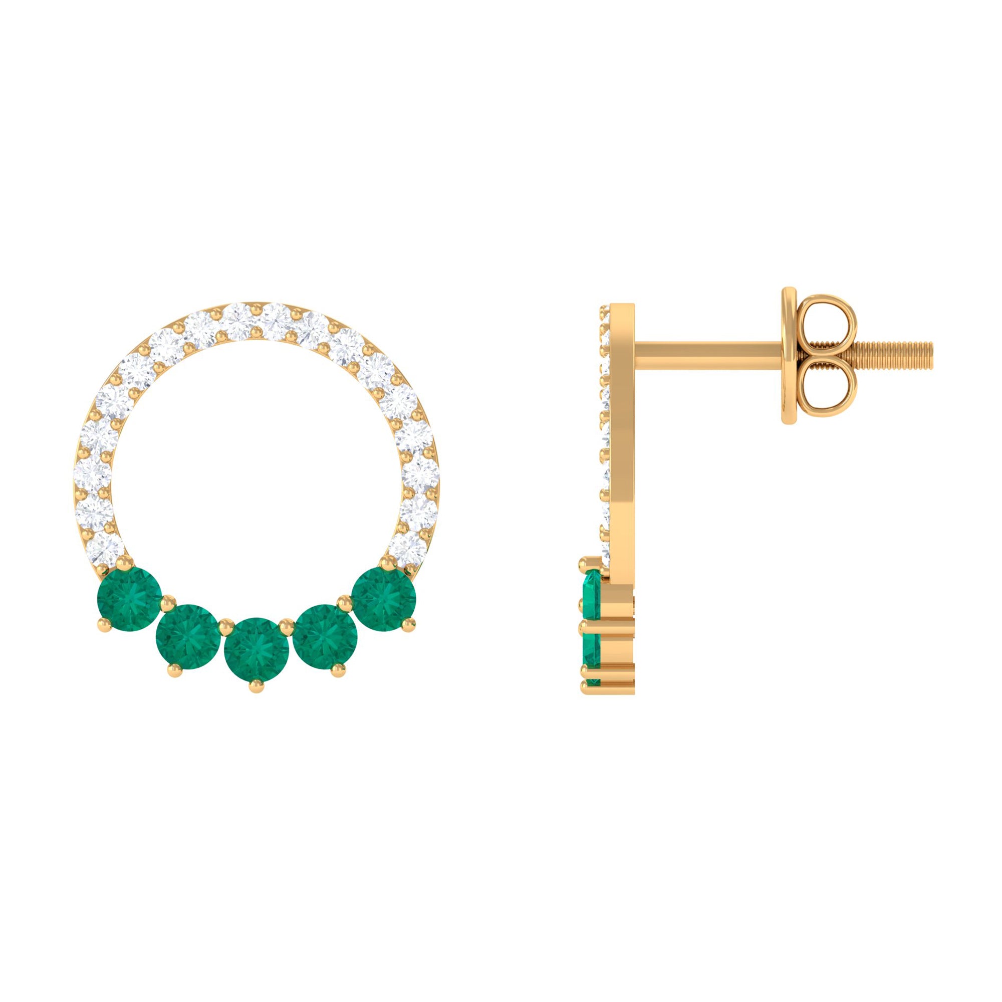 Open Circle Stud Earrings with Emerald and Diamond AAA - Rosec Jewels