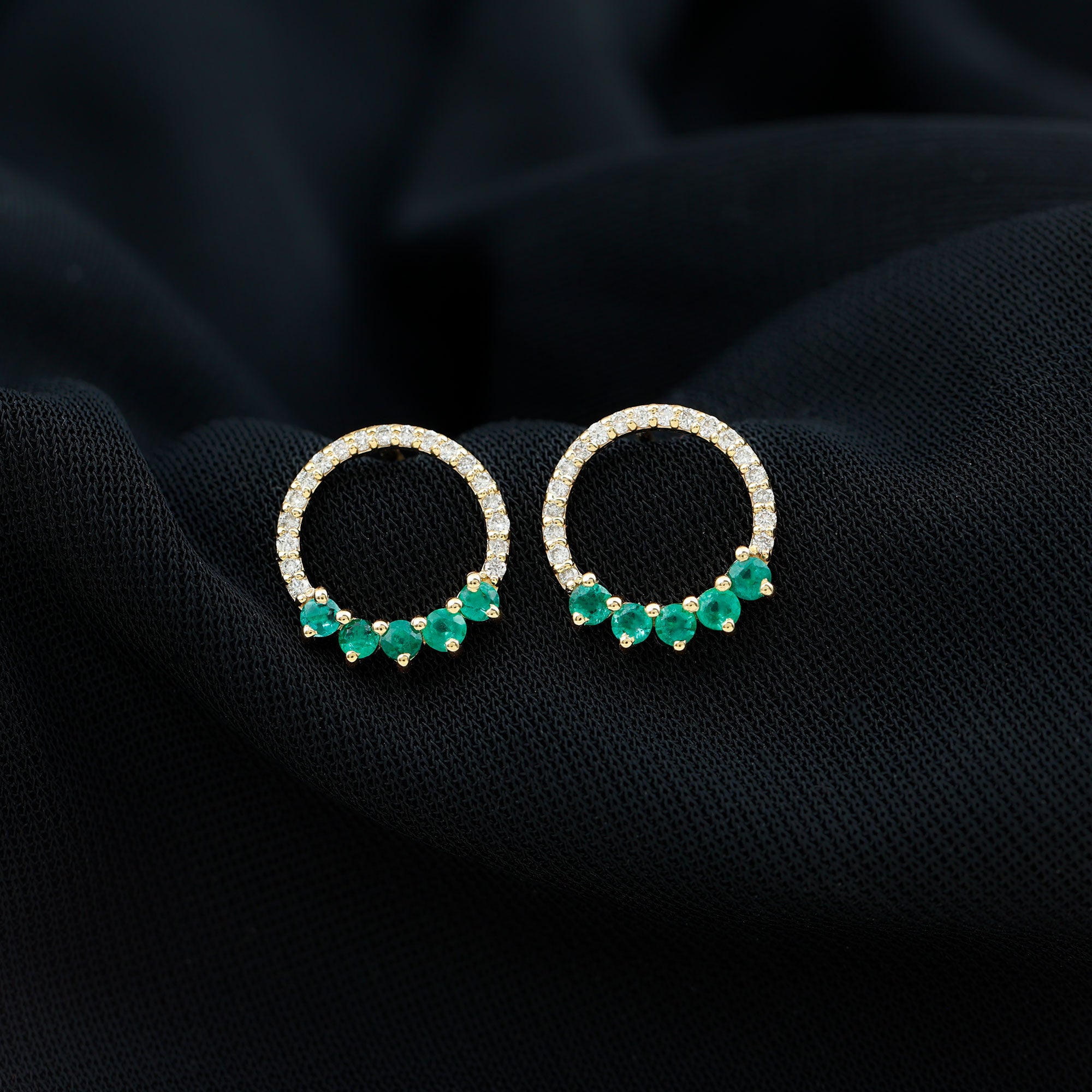 Open Circle Stud Earrings with Emerald and Diamond AAA - Rosec Jewels