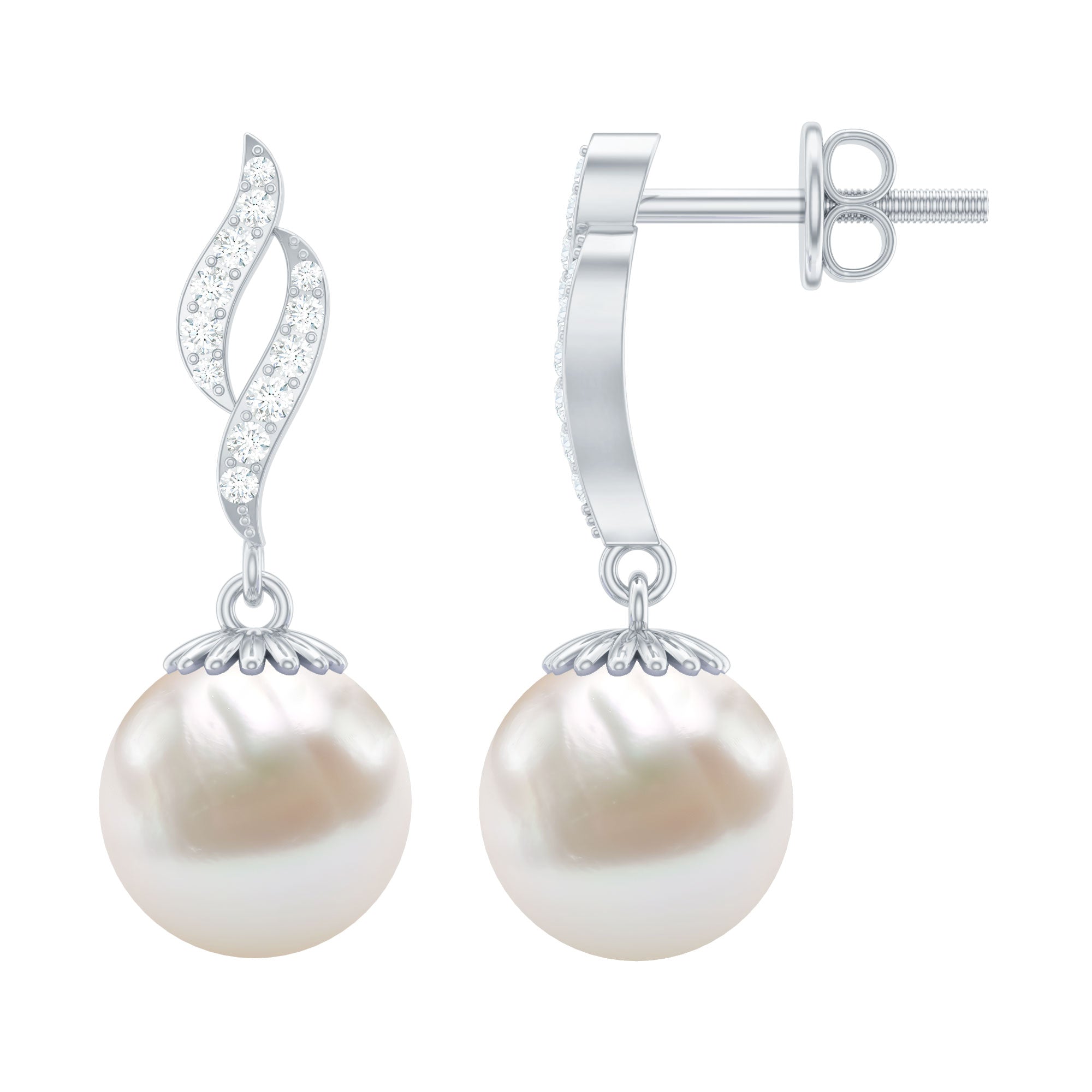 8MM Freshwater Pearl Drop Earrings with Diamond Accents AAA - Rosec Jewels