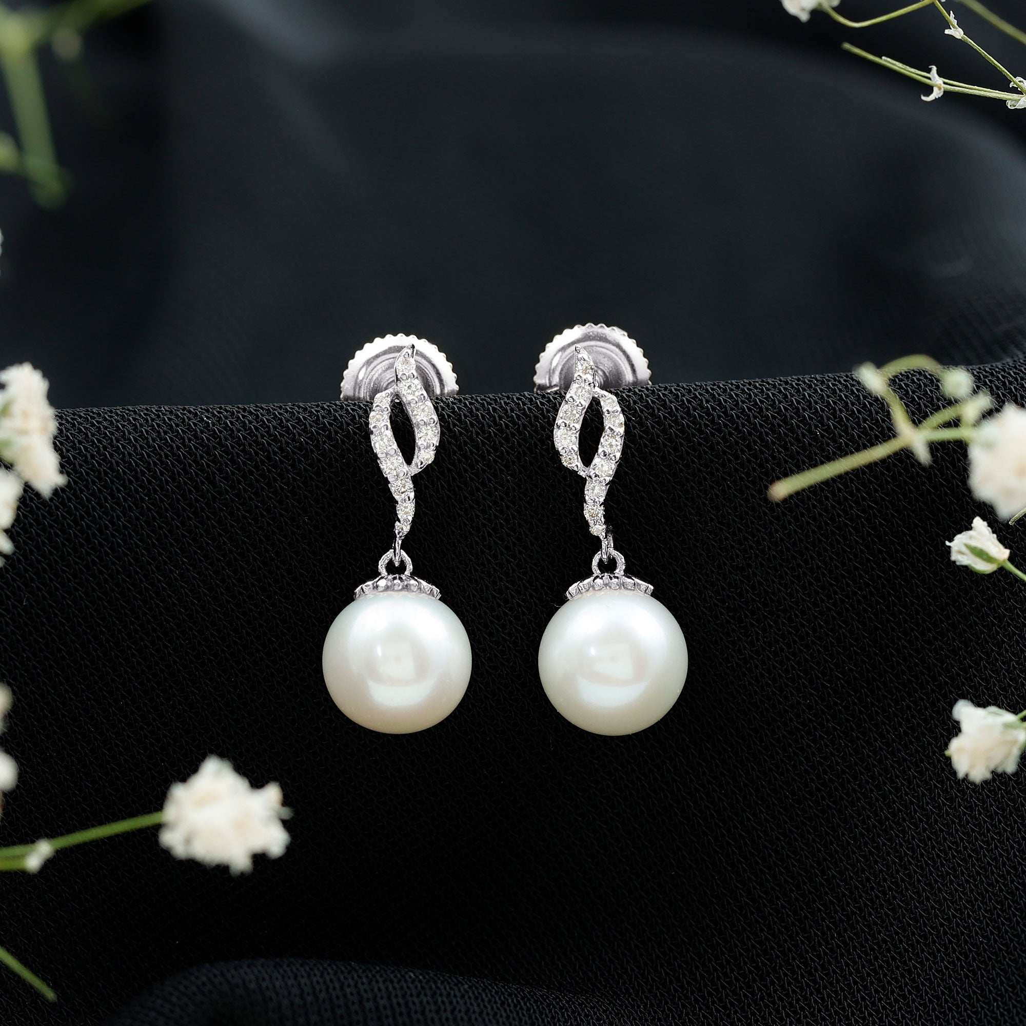 8MM Freshwater Pearl Drop Earrings with Diamond Accents AAA - Rosec Jewels