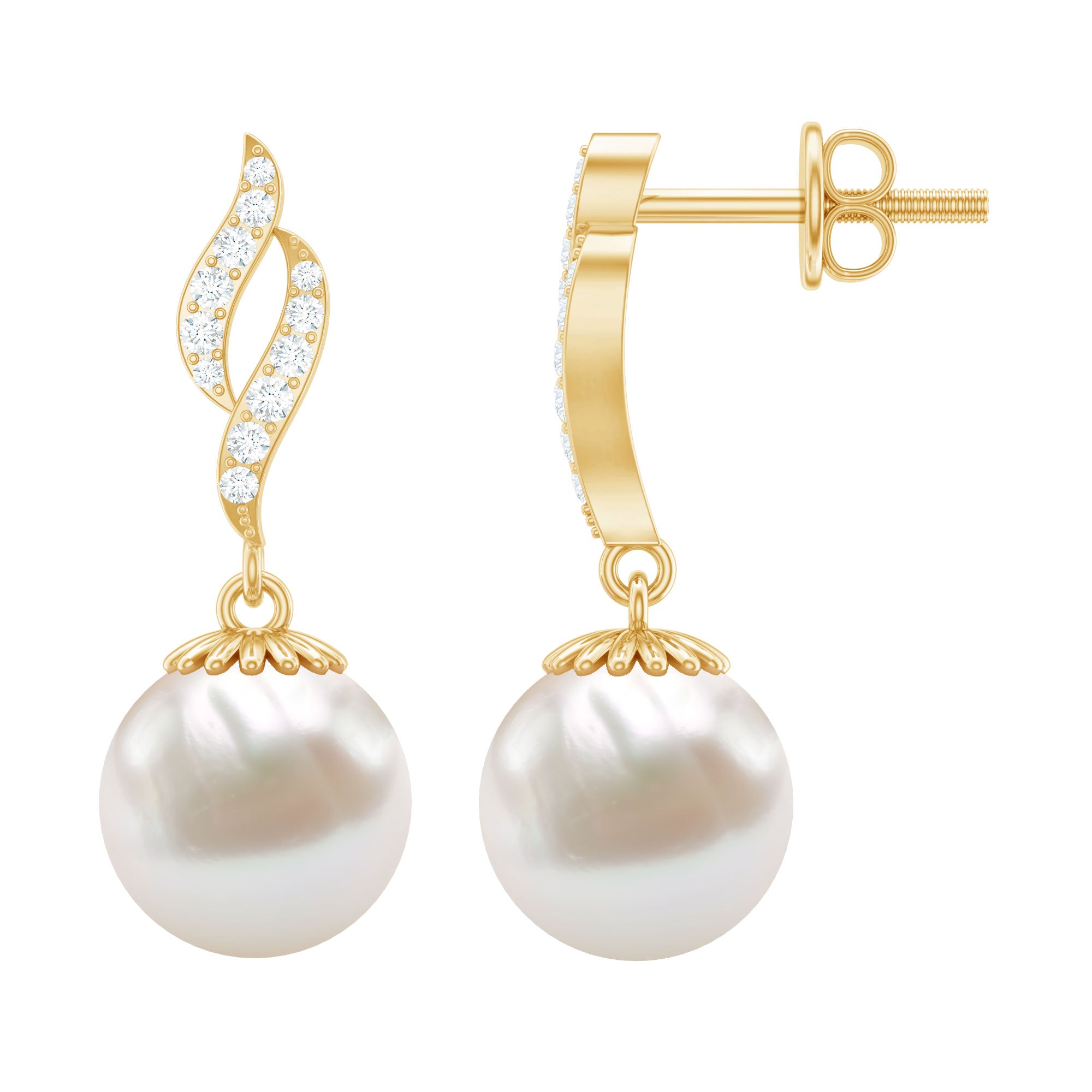 8MM Freshwater Pearl Drop Earrings with Diamond Accents AAA - Rosec Jewels