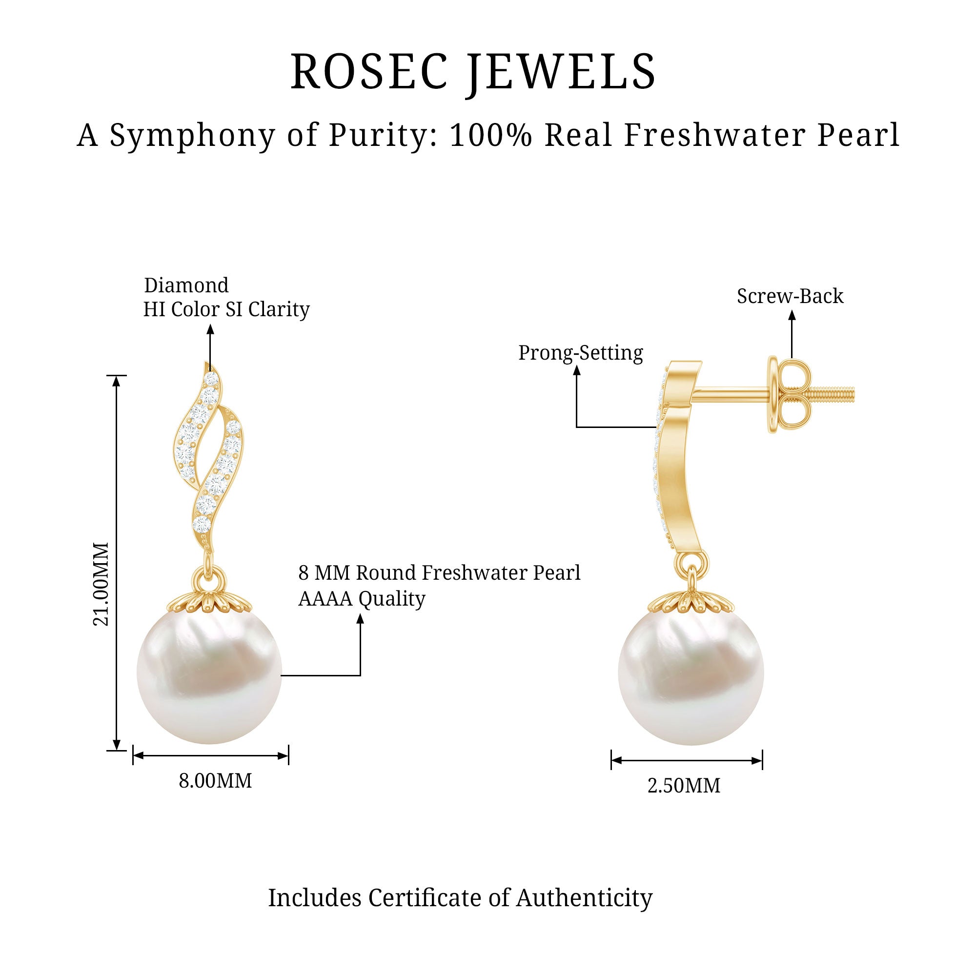 8MM Freshwater Pearl Drop Earrings with Diamond Accents AAA - Rosec Jewels