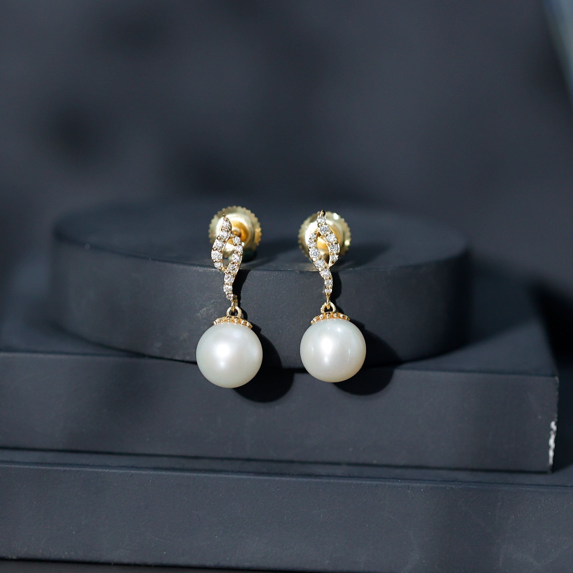 8MM Freshwater Pearl Drop Earrings with Diamond Accents AAA - Rosec Jewels