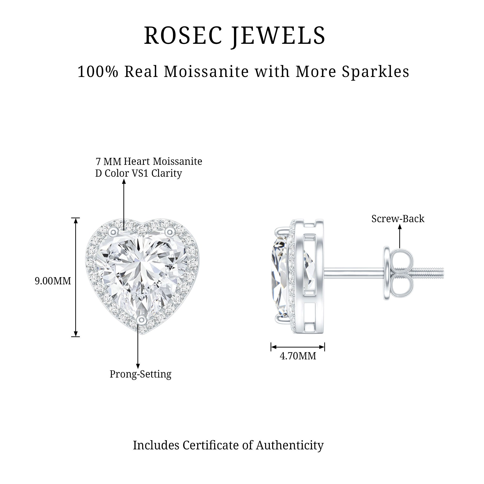 Certified Moissanite Heart Stud Earrings with Halo D-VS1 - Rosec Jewels