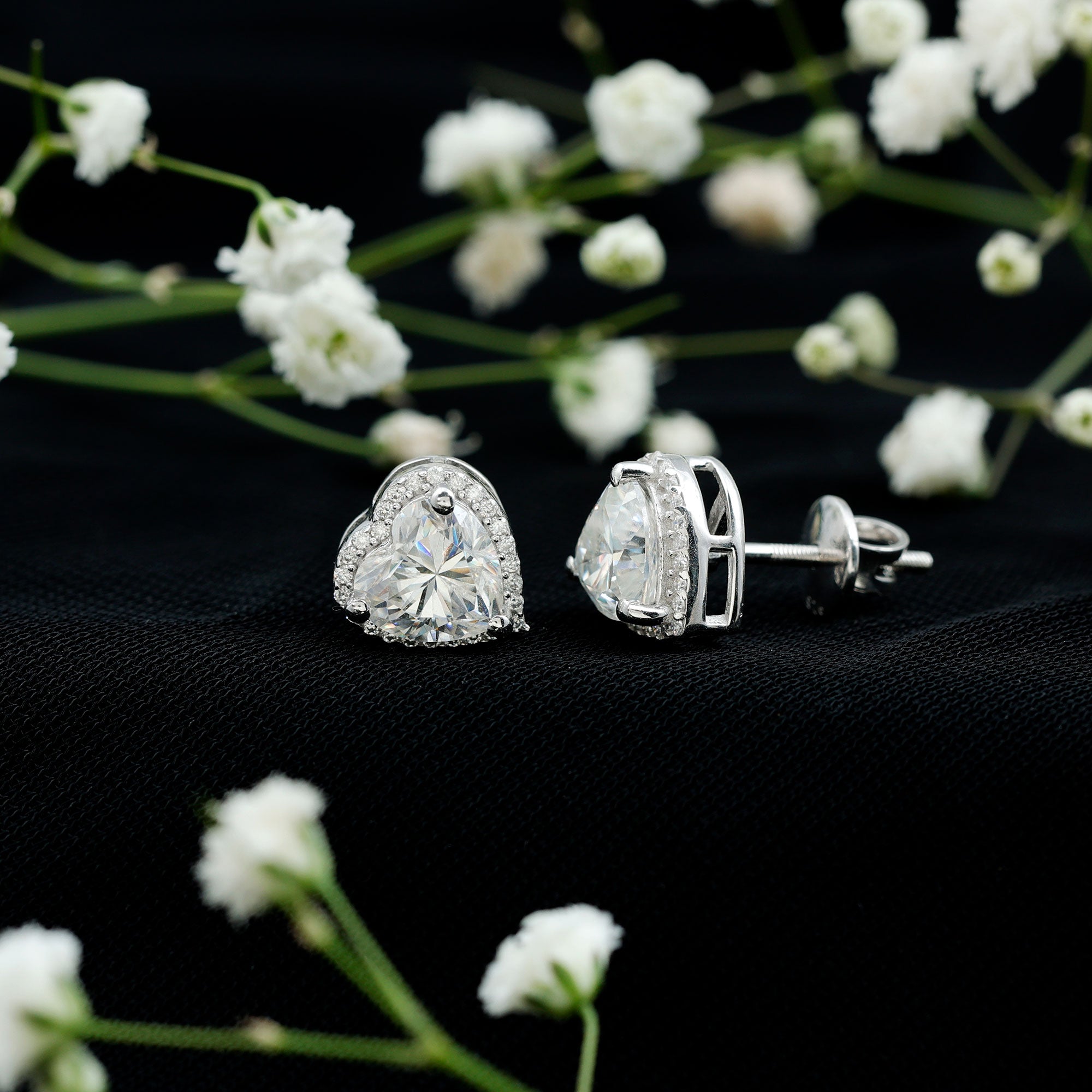 Certified Moissanite Heart Stud Earrings with Halo D-VS1 - Rosec Jewels