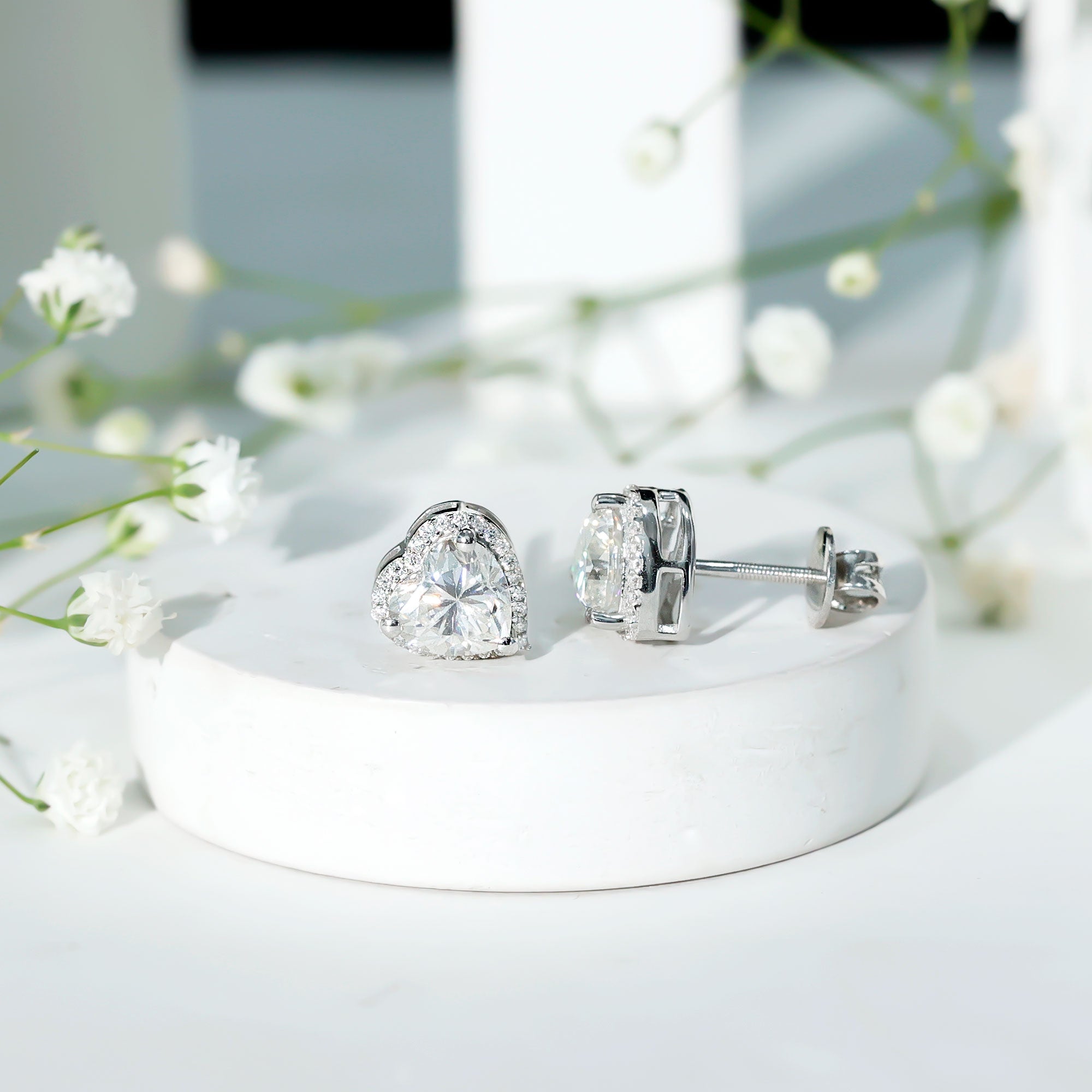 Certified Moissanite Heart Stud Earrings with Halo D-VS1 - Rosec Jewels