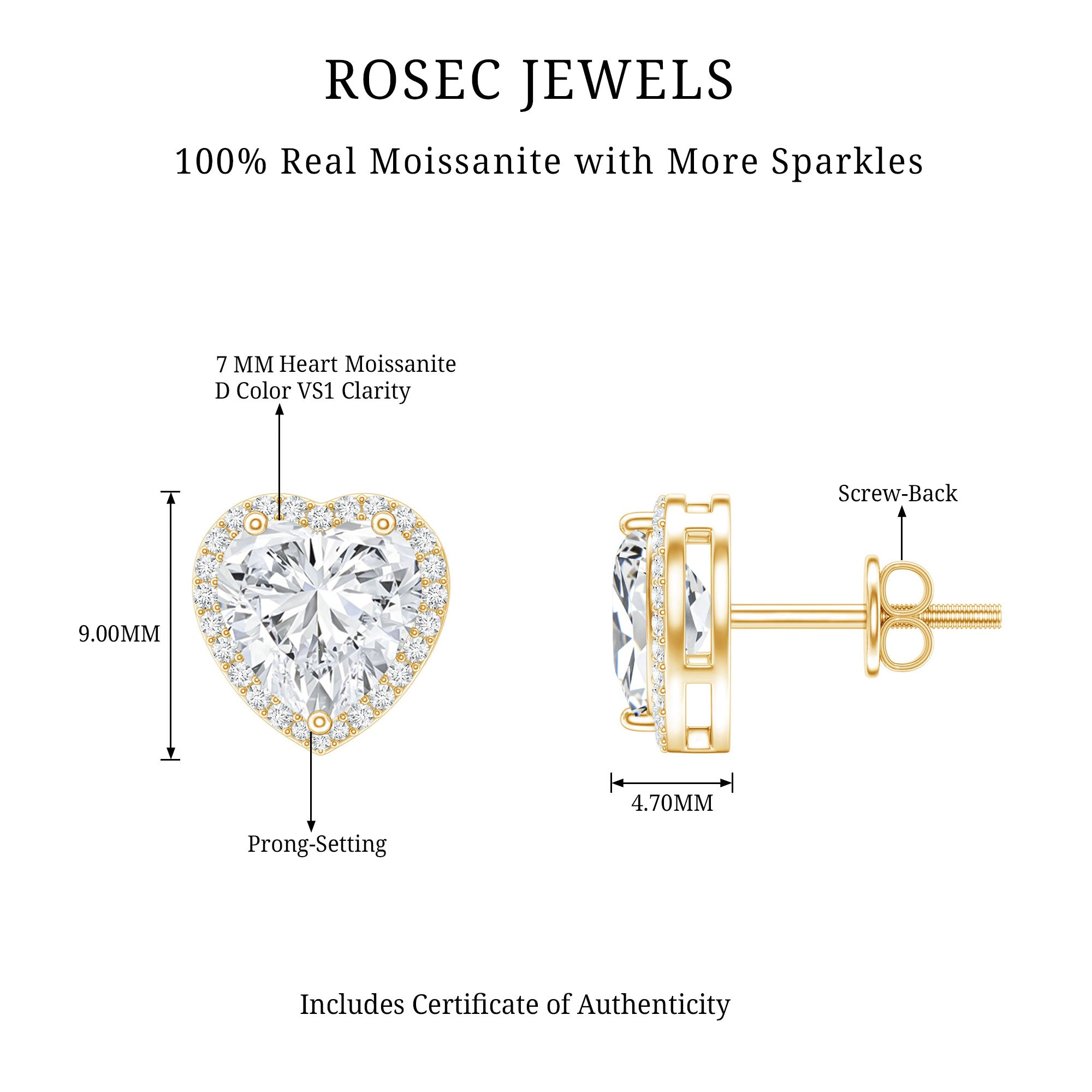 Certified Moissanite Heart Stud Earrings with Halo D-VS1 - Rosec Jewels