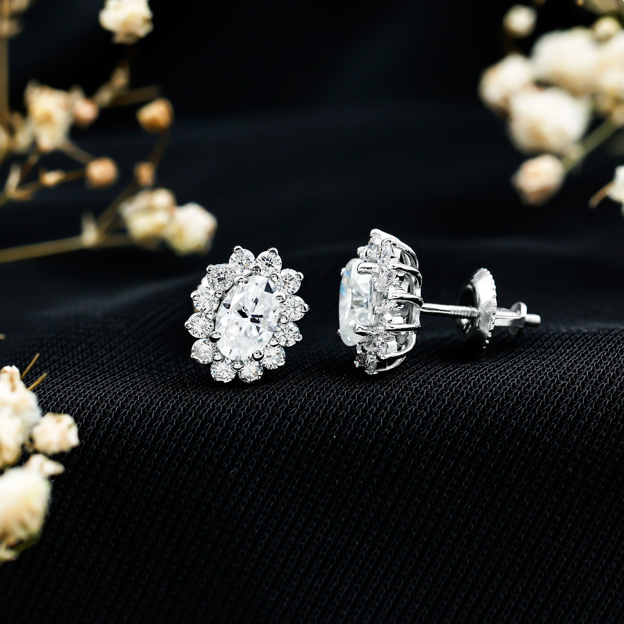 Certified Moissanite Oval Stud Earrings with Halo D-VS1 - Rosec Jewels