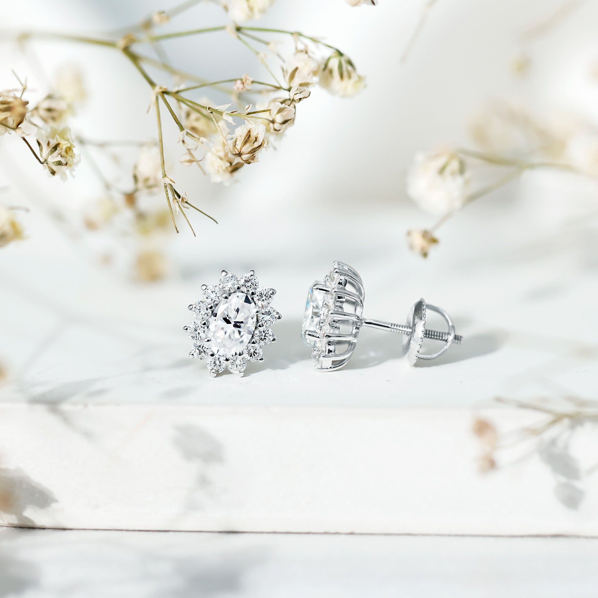Certified Moissanite Oval Stud Earrings with Halo D-VS1 - Rosec Jewels