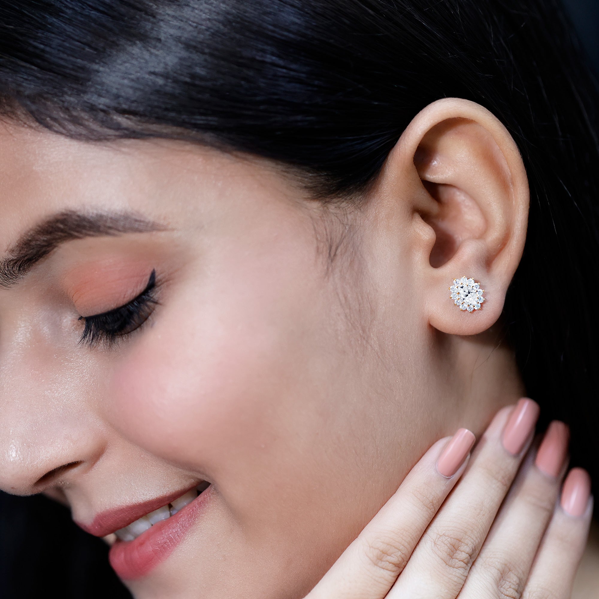 Certified Moissanite Oval Stud Earrings with Halo D-VS1 - Rosec Jewels