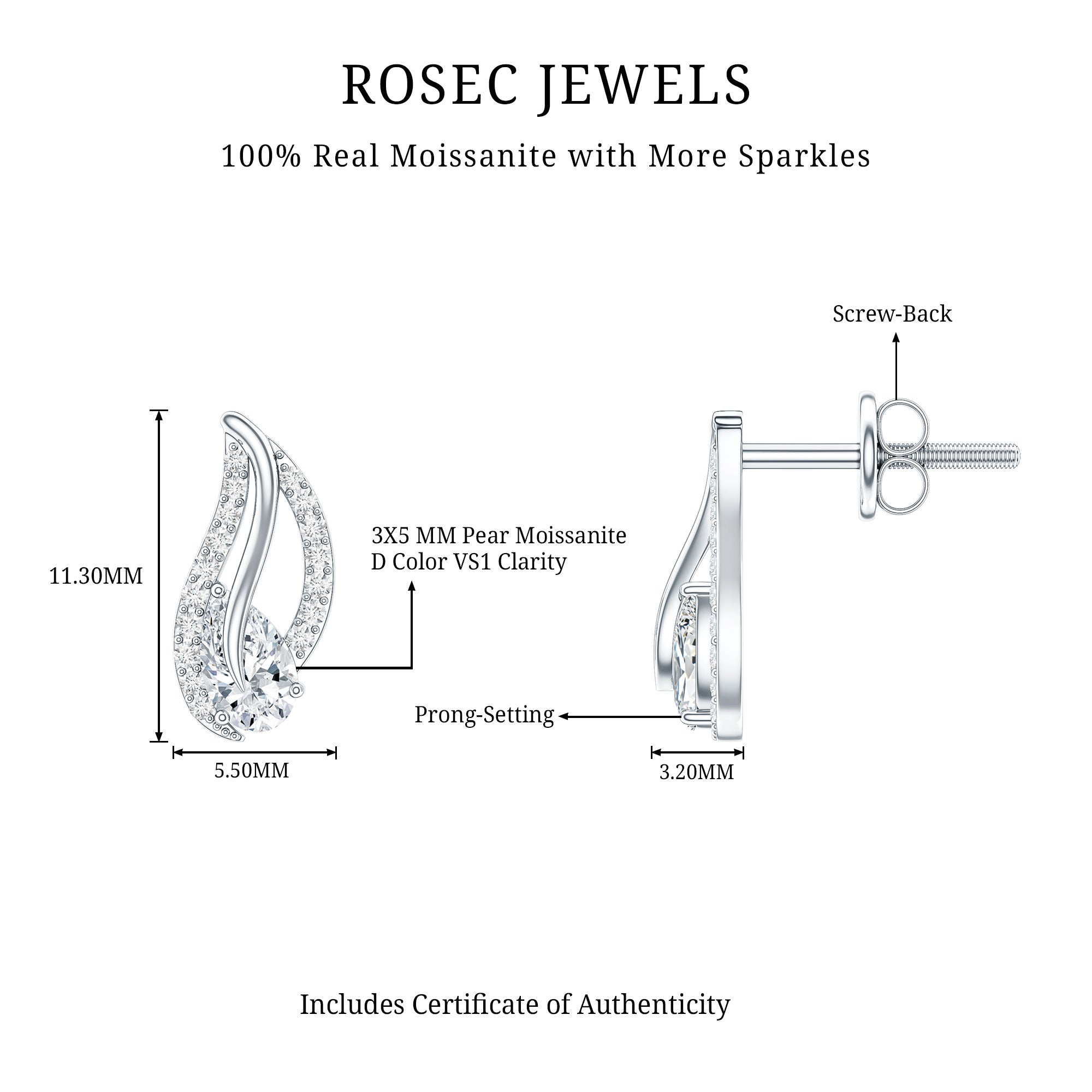 Certified Moissanite Leaf Stud Earrings with Screw Back D-VS1 - Rosec Jewels