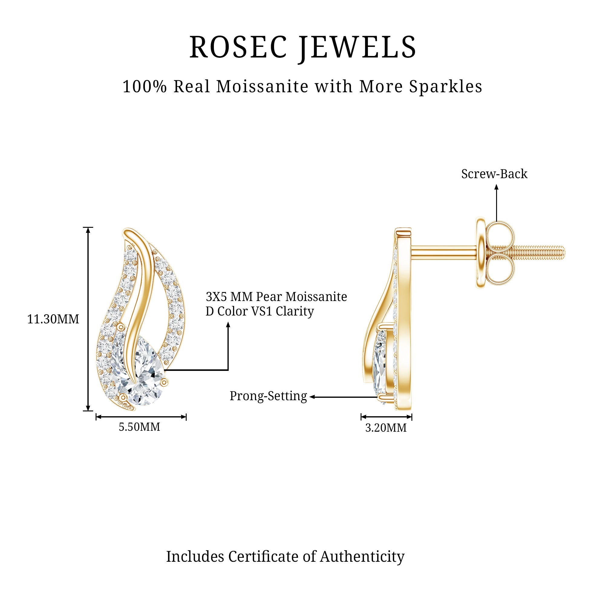 Certified Moissanite Leaf Stud Earrings with Screw Back D-VS1 - Rosec Jewels