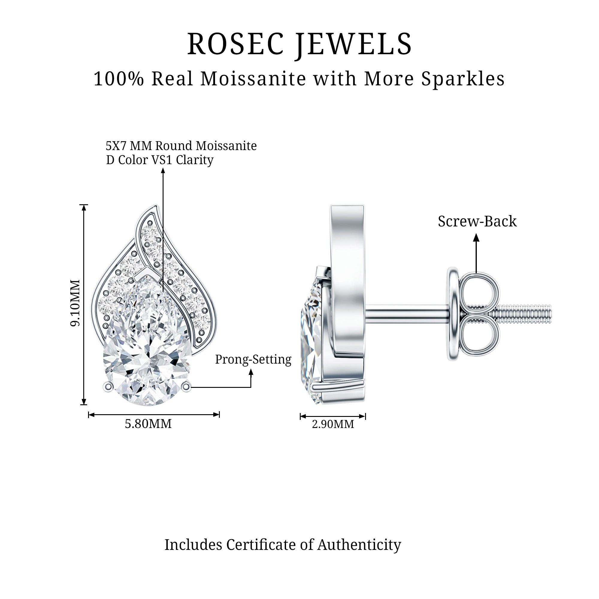 Classic 1.5 Carat Moissanite Stud Earrings with Screw Back D-VS1 - Rosec Jewels