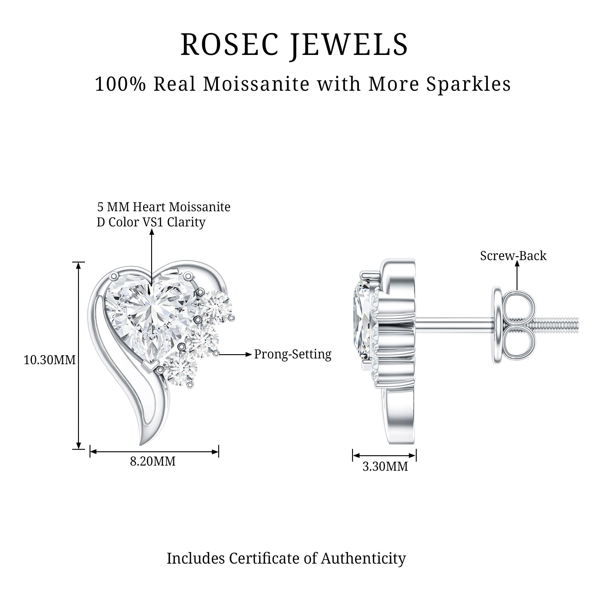 Heart Shape Moissanite Stud Earrings with Screw Back D-VS1 - Rosec Jewels