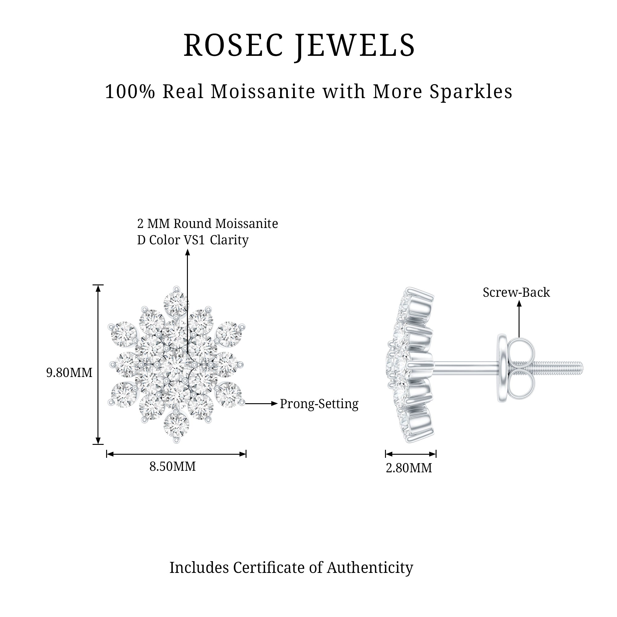 Certified Moissanite Cluster Stud Earrings for Women D-VS1 - Rosec Jewels