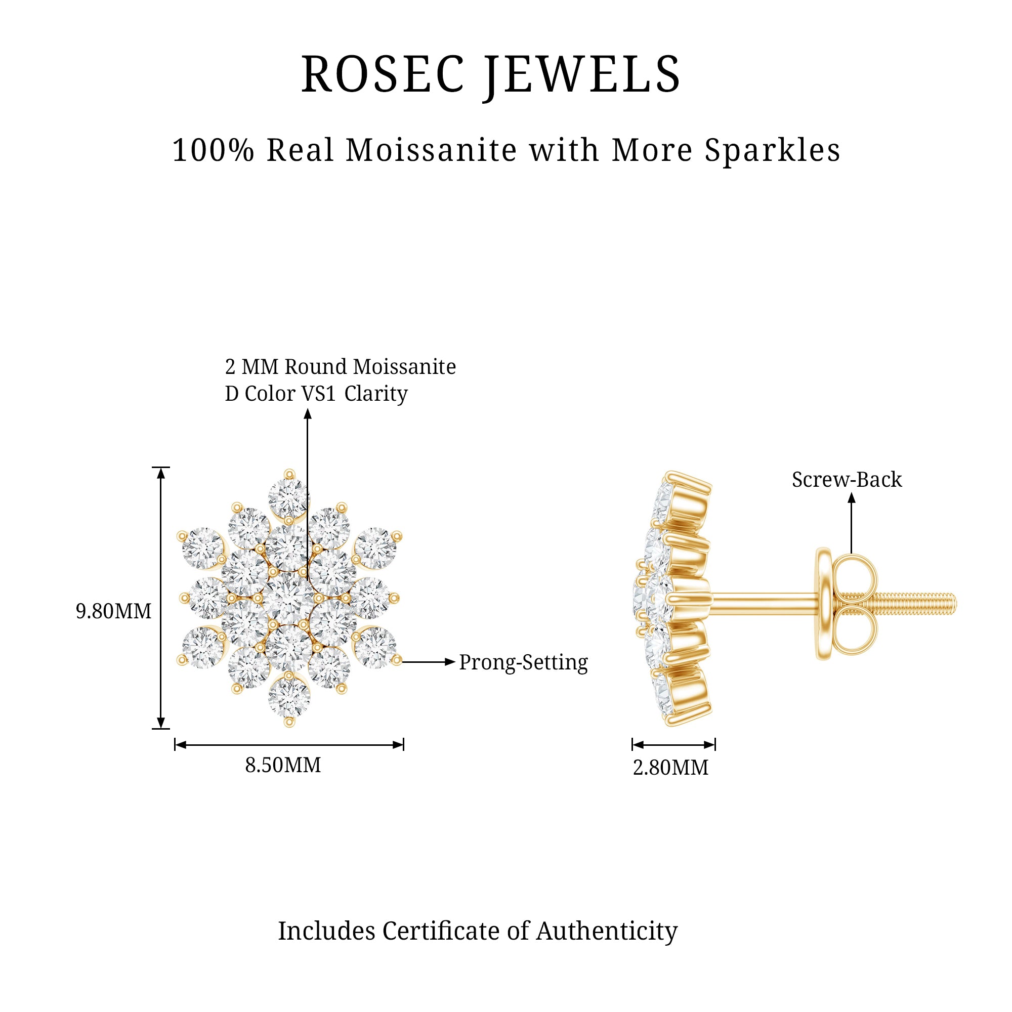 Certified Moissanite Cluster Stud Earrings for Women D-VS1 - Rosec Jewels