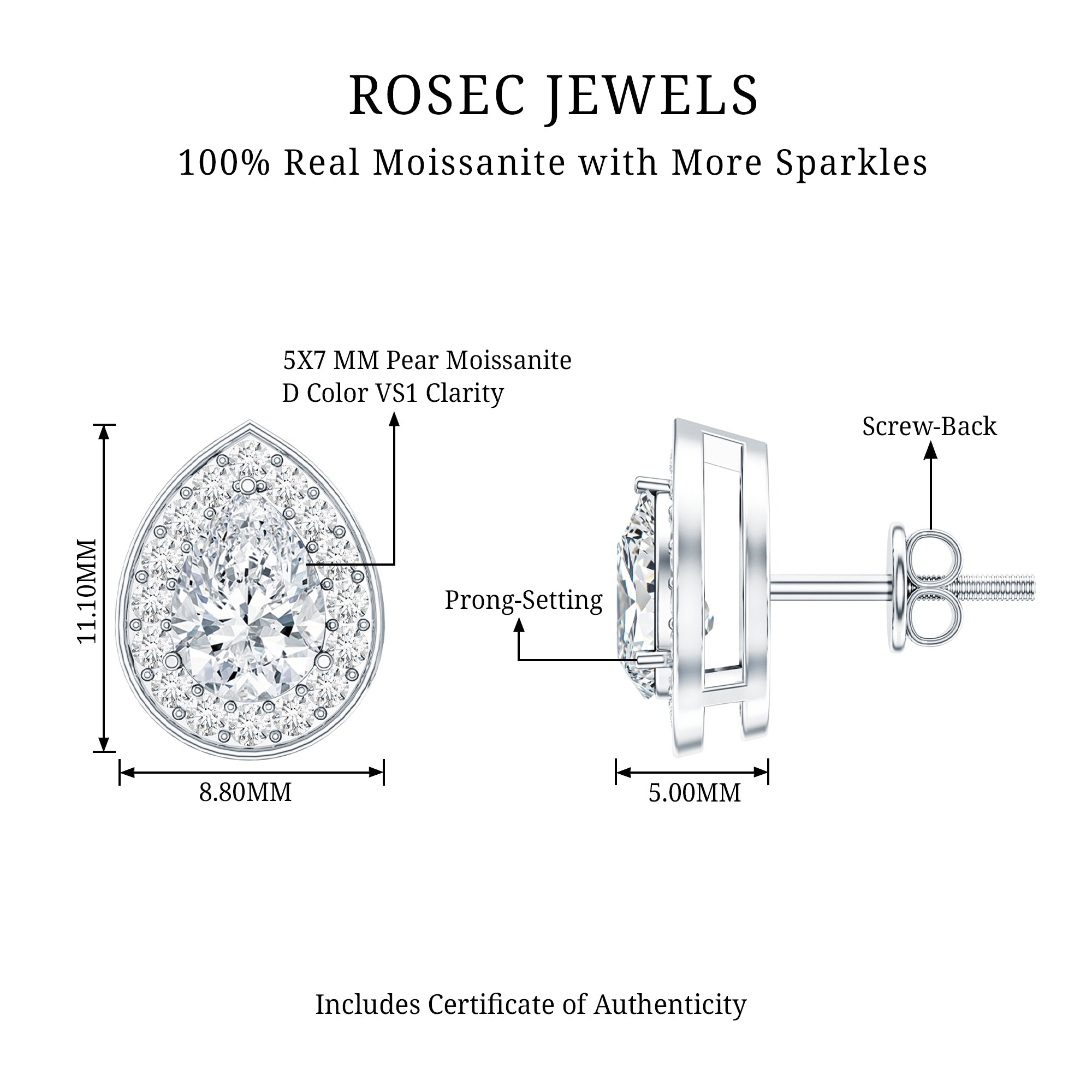 Certified Pear Shape Moissanite Teardrop Earrings with Halo D-VS1 - Rosec Jewels