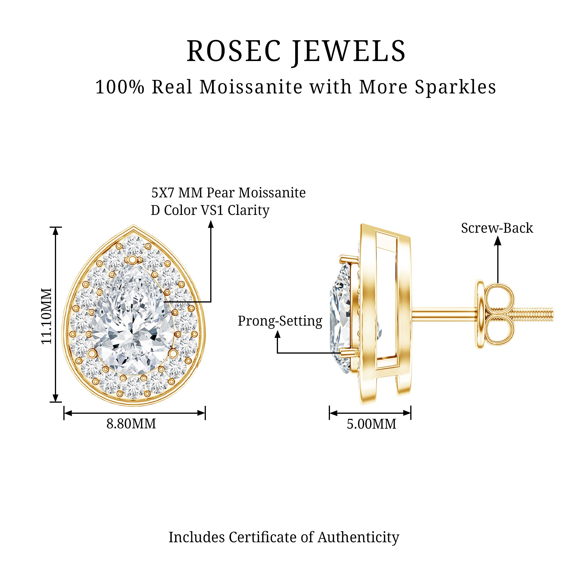 Certified Pear Shape Moissanite Teardrop Earrings with Halo D-VS1 - Rosec Jewels
