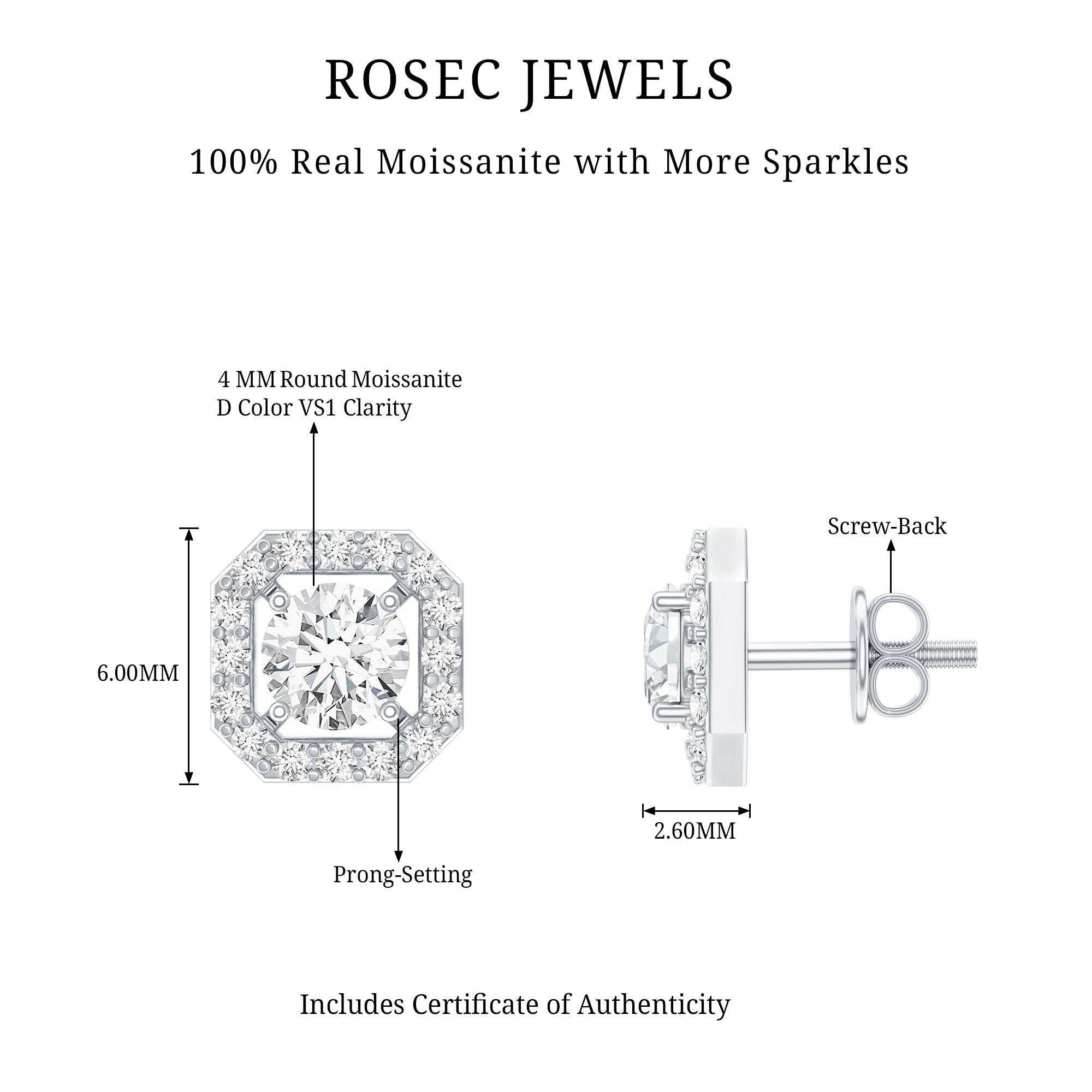 Round Cut Certified Moissanite Halo Stud Earrings with Screw Back D-VS1 - Rosec Jewels