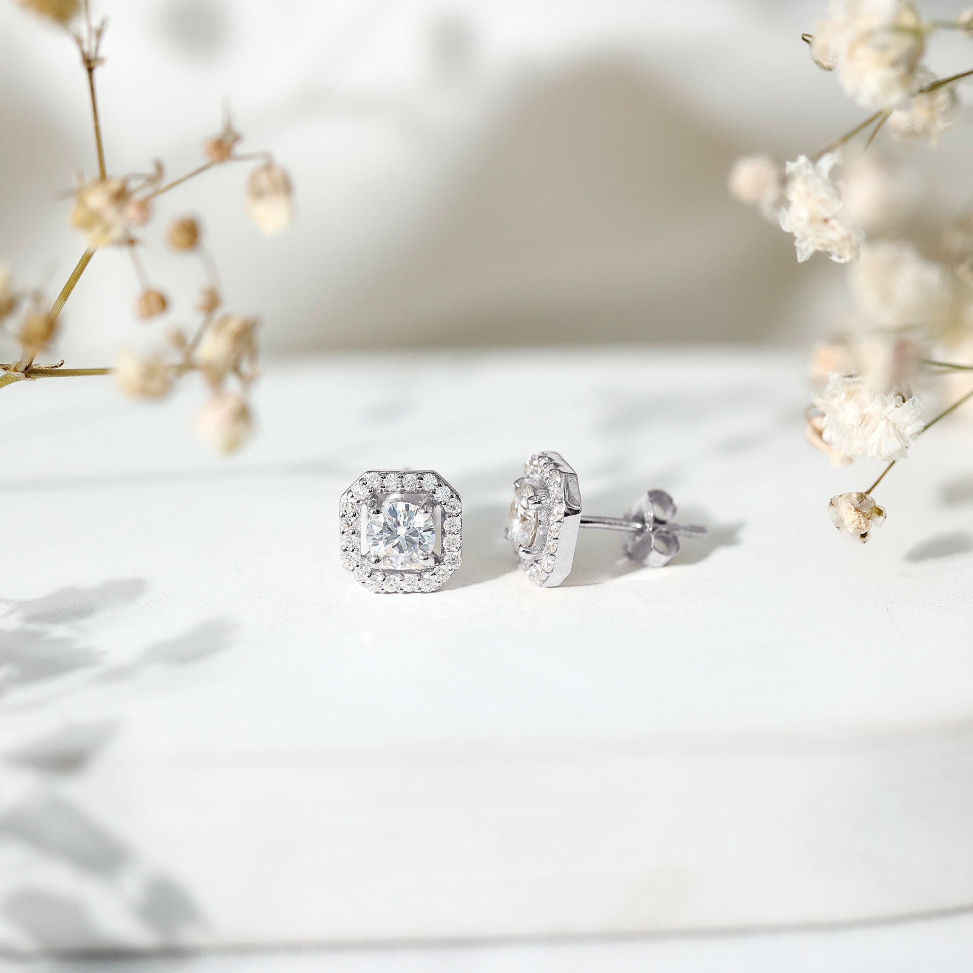 Round Cut Certified Moissanite Halo Stud Earrings with Screw Back D-VS1 - Rosec Jewels
